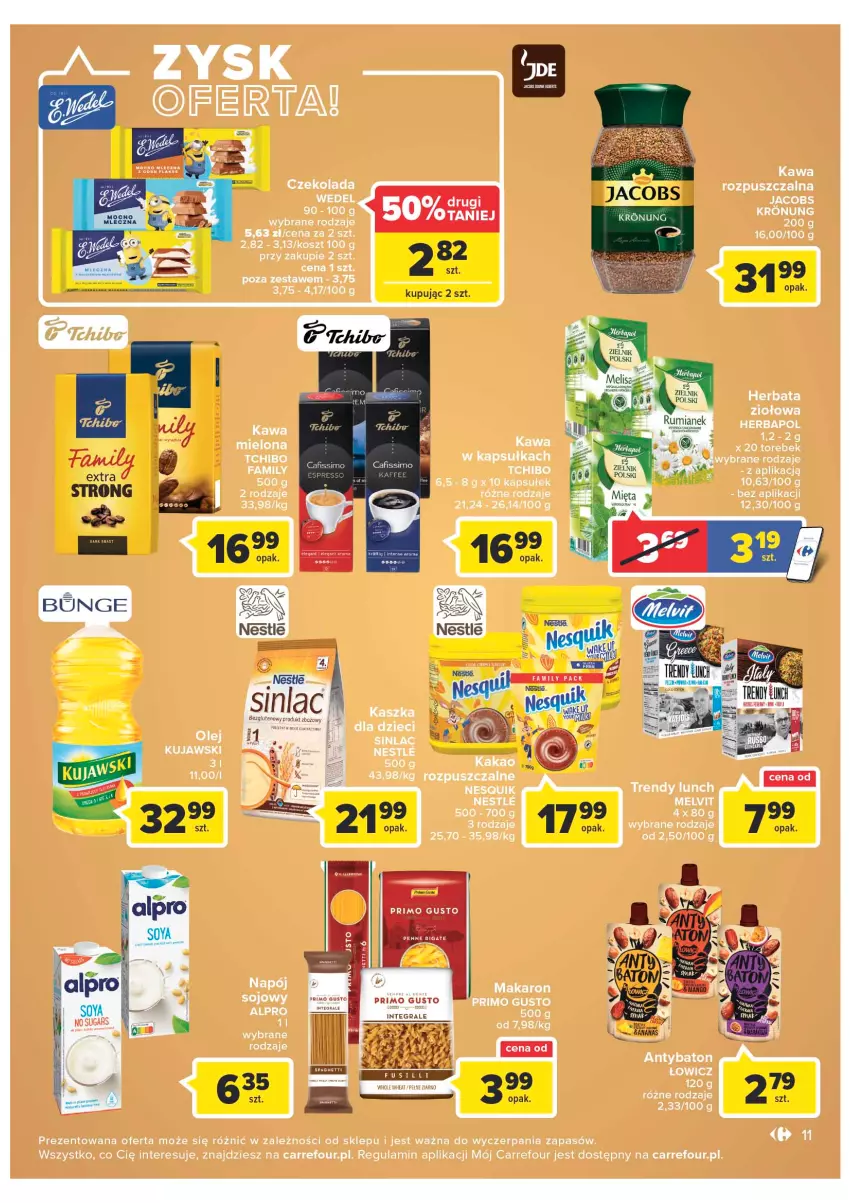 Gazetka promocyjna Carrefour - Gazetka Market Zyskoteka - ważna 11.10 do 15.10.2022 - strona 11 - produkty: Alpro, Baton, Dzieci, Herbapol, Herbata, Jacobs, Kawa, Kosz, Kujawski, Makaron, Melvit, Nesquik, Tchibo