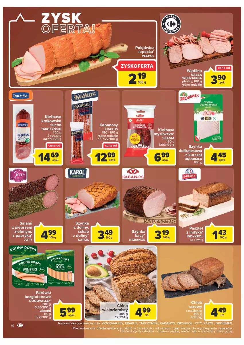 Gazetka promocyjna Carrefour - Gazetka Market Zyskoteka - ważna 11.10 do 15.10.2022 - strona 6 - produkty: Chleb, Drobimex, Kabanos, Kiełbasa, Kiełbasa krakowska, Krakus, Parówki, Pasztet, Pasztet z indyka, Polędwica, Salami, Ser, Szynka, Szynka delikatesowa, Tarczyński, Wędlina