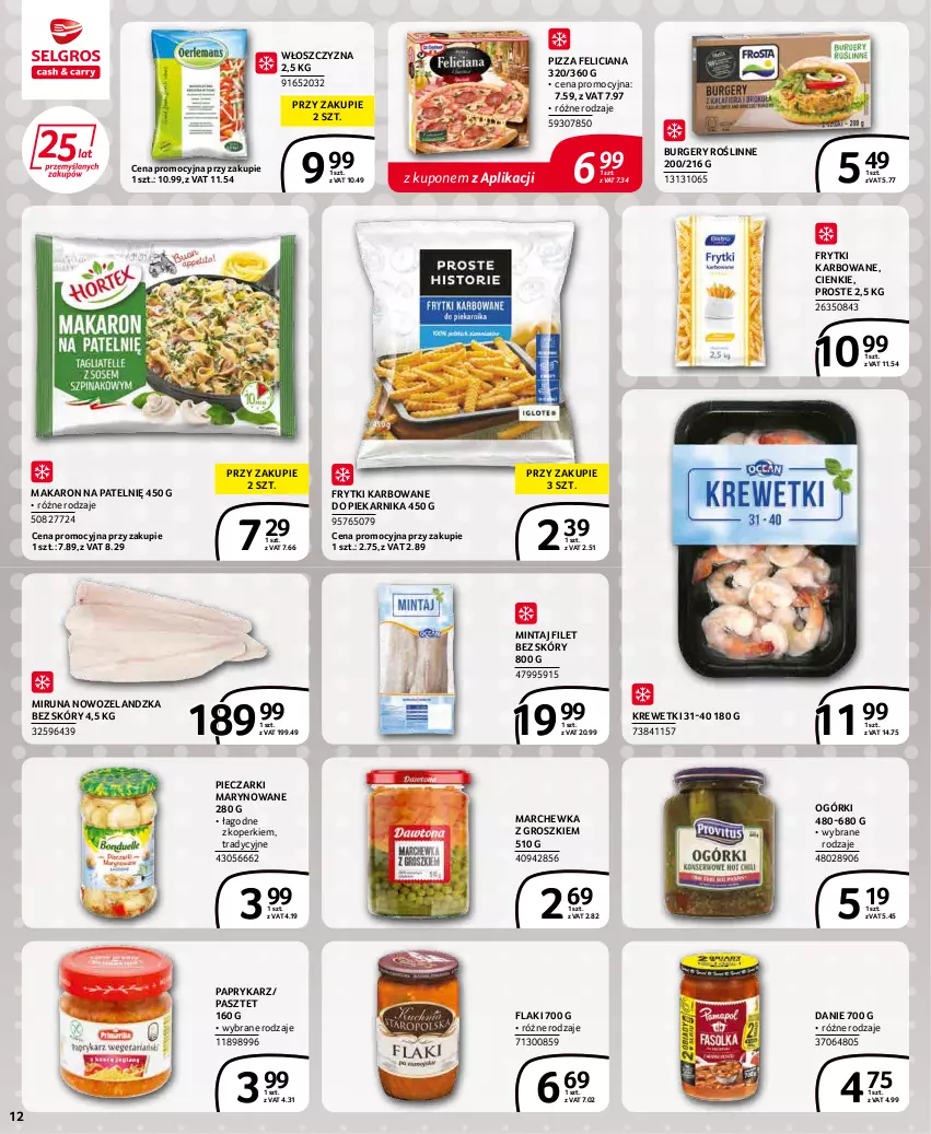 Gazetka promocyjna Selgros - Extra Oferta - ważna 01.01 do 31.01.2022 - strona 12 - produkty: Burger, Feliciana, Flaki, Frytki, Krewetki, Makaron, Marchewka, Mintaj, Miruna, Papryka, Paprykarz, Pasztet, Piec, Piekarnik, Pizza