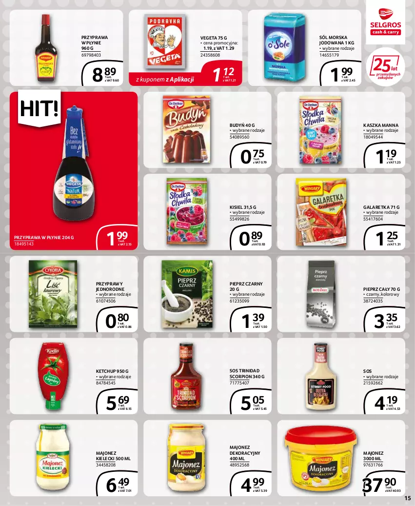 Gazetka promocyjna Selgros - Extra Oferta - ważna 01.01 do 31.01.2022 - strona 15 - produkty: Budyń, Gala, Galaretka, Ketchup, Kisiel, Majonez, Pieprz, Przyprawa w płynie, Przyprawy, Sól, Sos, Vegeta