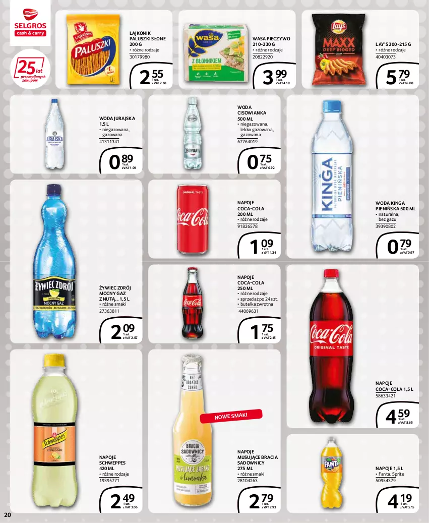 Gazetka promocyjna Selgros - Extra Oferta - ważna 01.01 do 31.01.2022 - strona 20 - produkty: Cisowianka, Coca-Cola, Fa, Fanta, Lajkonik, Lay’s, Mus, Napoje, Piec, Pieczywo, Schweppes, Sprite, Wasa, Woda