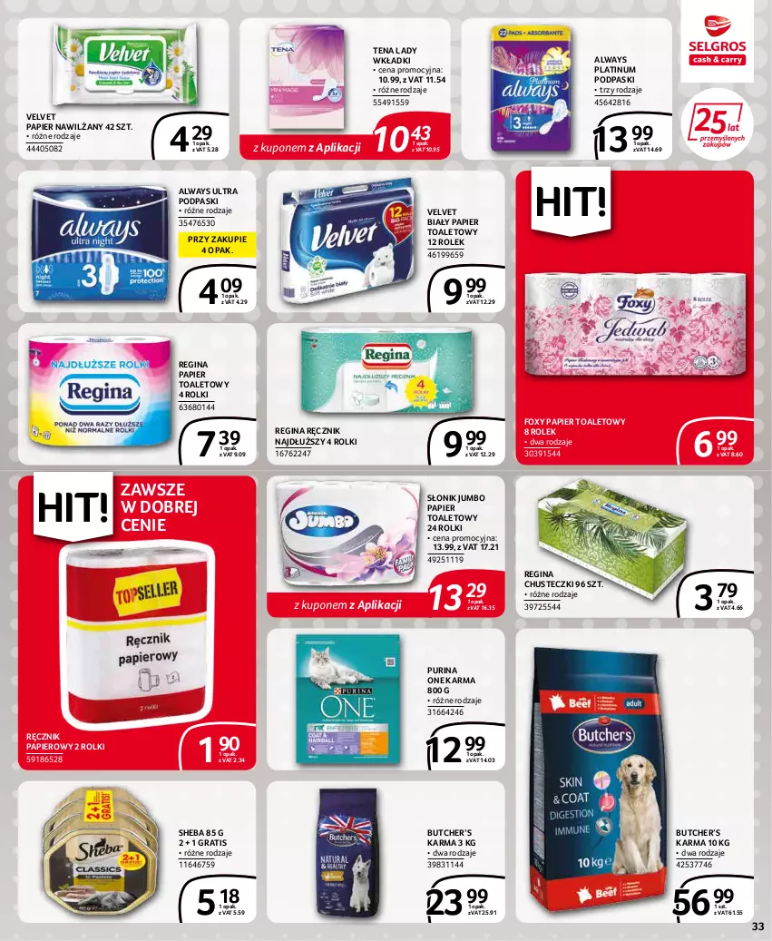 Gazetka promocyjna Selgros - Extra Oferta - ważna 01.01 do 31.01.2022 - strona 33 - produkty: Always, Always Ultra, Chusteczki, Foxy, Gin, Gra, Papier, Papier toaletowy, Podpaski, Pur, Purina, Ręcznik, Rolki, Sheba, Velvet, Wkładki