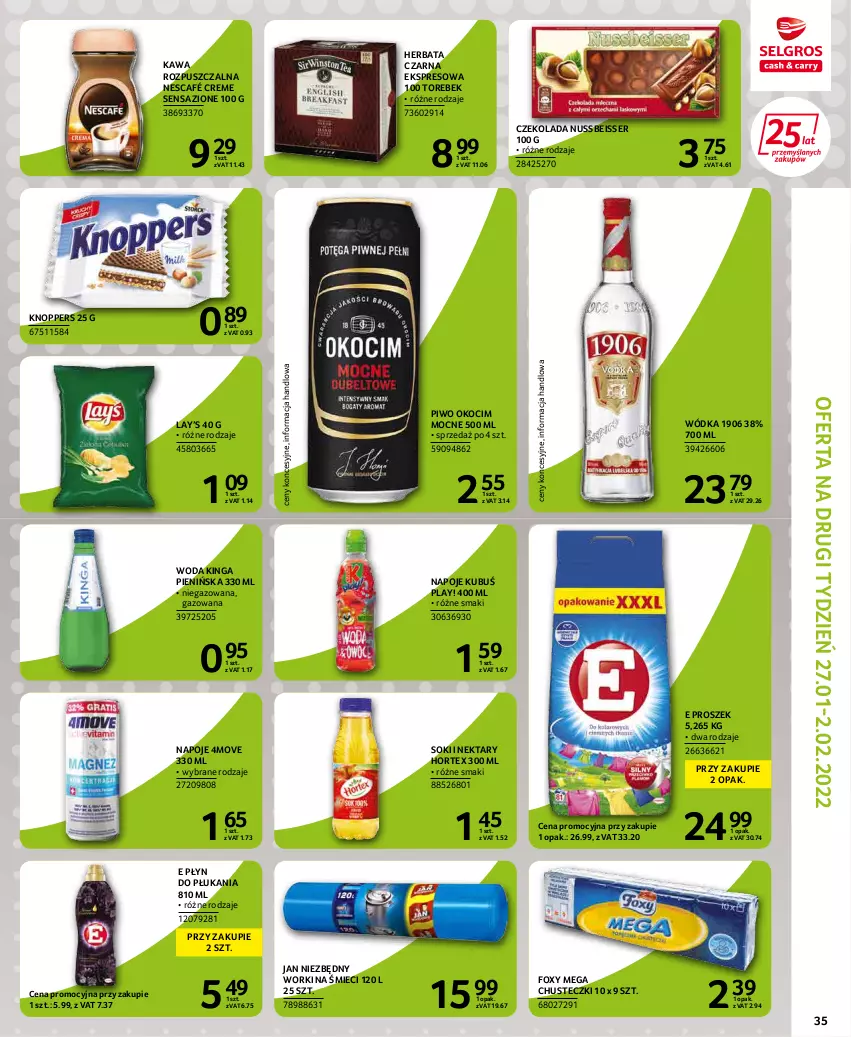 Gazetka promocyjna Selgros - Extra Oferta - ważna 01.01 do 31.01.2022 - strona 37 - produkty: Chusteczki, Czekolada, Foxy, Herbata, Herbata czarna, Hortex, Jan Niezbędny, Kawa, Kawa rozpuszczalna, Knoppers, Koc, Kubuś, Lay’s, Napoje, Nektar, Nescafé, Okocim, Piwo, Płyn do płukania, Ser, Sok, Woda, Wódka, Worki na śmiec, Worki na śmieci