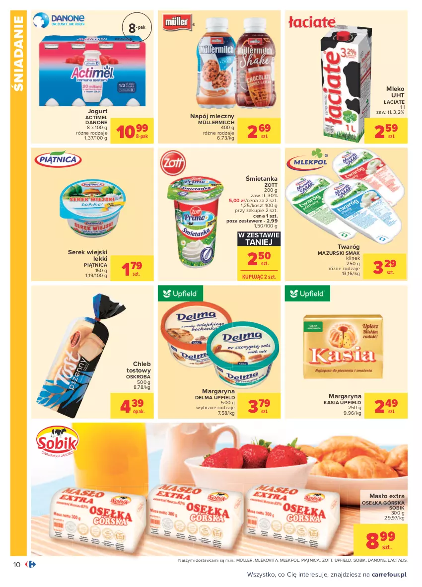 Gazetka promocyjna Carrefour - Gazetka Codzienne okazje, by kupować taniej - ważna 23.08 do 04.09.2021 - strona 16 - produkty: Actimel, Chleb, Chleb tostowy, Danone, Delma, Jogurt, Kasia, Kosz, Margaryna, Masło, Mleko, Mlekovita, Müller, Müllermilch, Napój, Napój mleczny, Piątnica, Ser, Serek, Serek wiejski, Twaróg, Zott