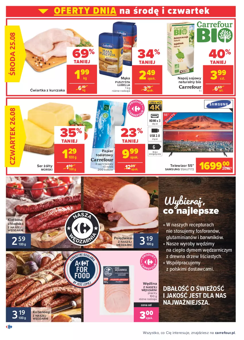 Gazetka promocyjna Carrefour - Gazetka Codzienne okazje, by kupować taniej - ważna 23.08 do 04.09.2021 - strona 2 - produkty: Bell, Bella, Kabanos, Kiełbasa, Kurczak, Lubella, Mąka, Napój, Papier, Papier toaletowy, Polędwica, Samsung, Ser, Telewizor, Wędlina