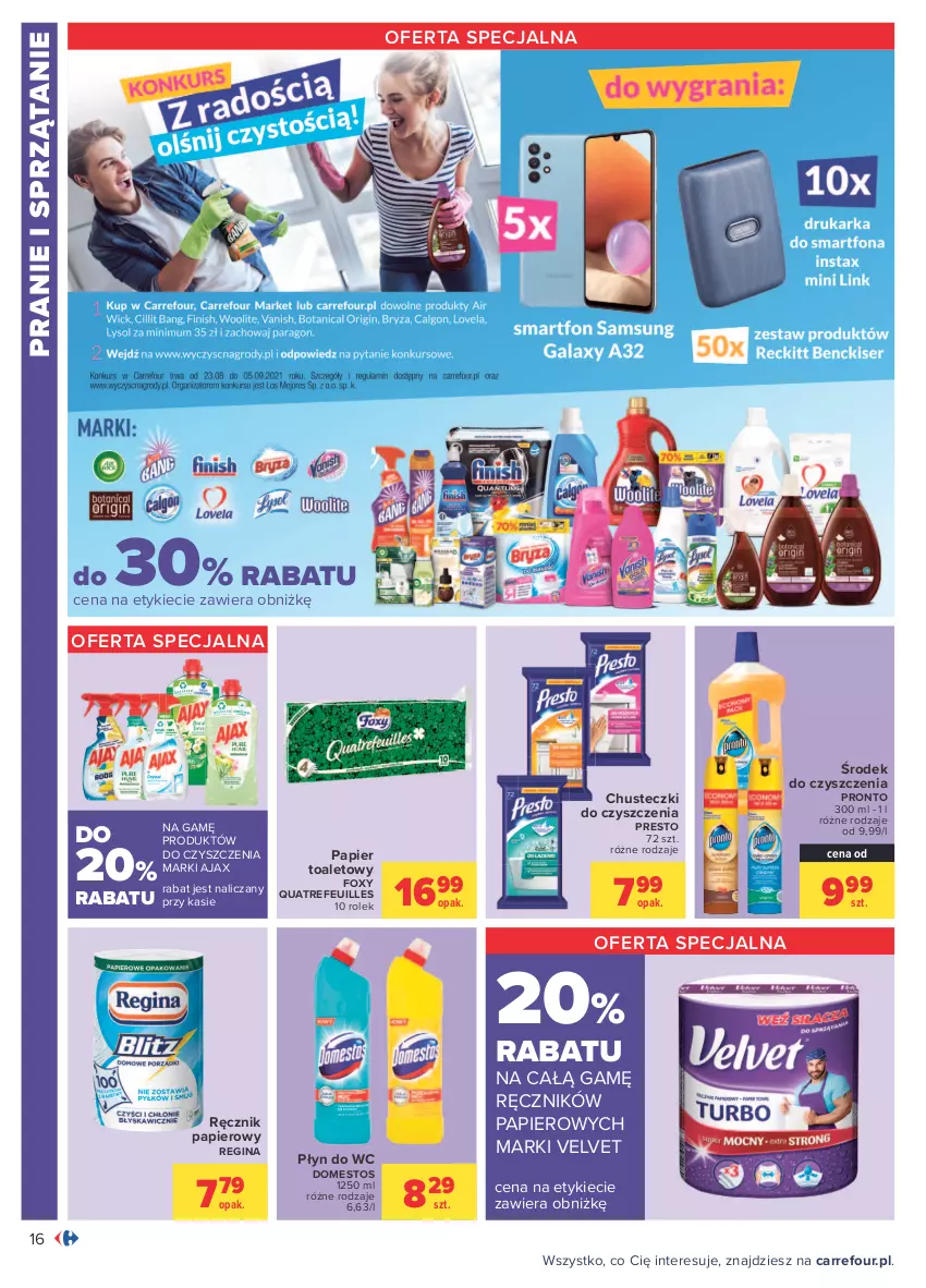 Gazetka promocyjna Carrefour - Gazetka Codzienne okazje, by kupować taniej - ważna 23.08 do 04.09.2021 - strona 22 - produkty: Ajax, Chusteczki, Chusteczki do czyszczenia, Domestos, Foxy, Gin, Papier, Papier toaletowy, Płyn do wc, Presto, Pronto, Ręcznik, Sprzątanie, Velvet