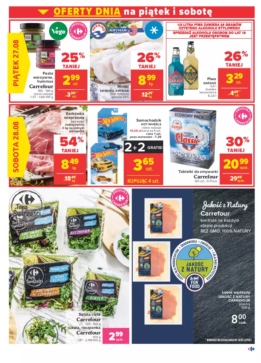 Gazetka promocyjna Carrefour - Gazetka Codzienne okazje, by kupować taniej - ważna 23.08 do 04.09.2021 - strona 3 - produkty: Chodzik, Glazura, Gra, Hot Wheels, Hummus, Karkówka wieprzowa, Lazur, Mintaj, Mus, Pasta warzywna, Piwa, Piwo, Roszponka, Rukola, Sałat, Tablet, Tabletki do zmywarki, Zmywarki