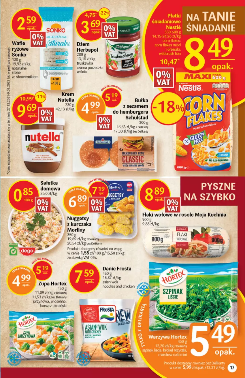 Gazetka promocyjna Delikatesy Centrum - Gazetka DC10 - ważna 10.03 do 16.03.2022 - strona 17 - produkty: Bułka, Burger, Dżem, Flaki, Flaki wołowe, Frosta, Hamburger, Herbapol, Kuchnia, Kurczak, Morliny, Nutella, Por, Ryż, Sałat, Sałatka, Sezam, Sonko, Wafle, Zupa