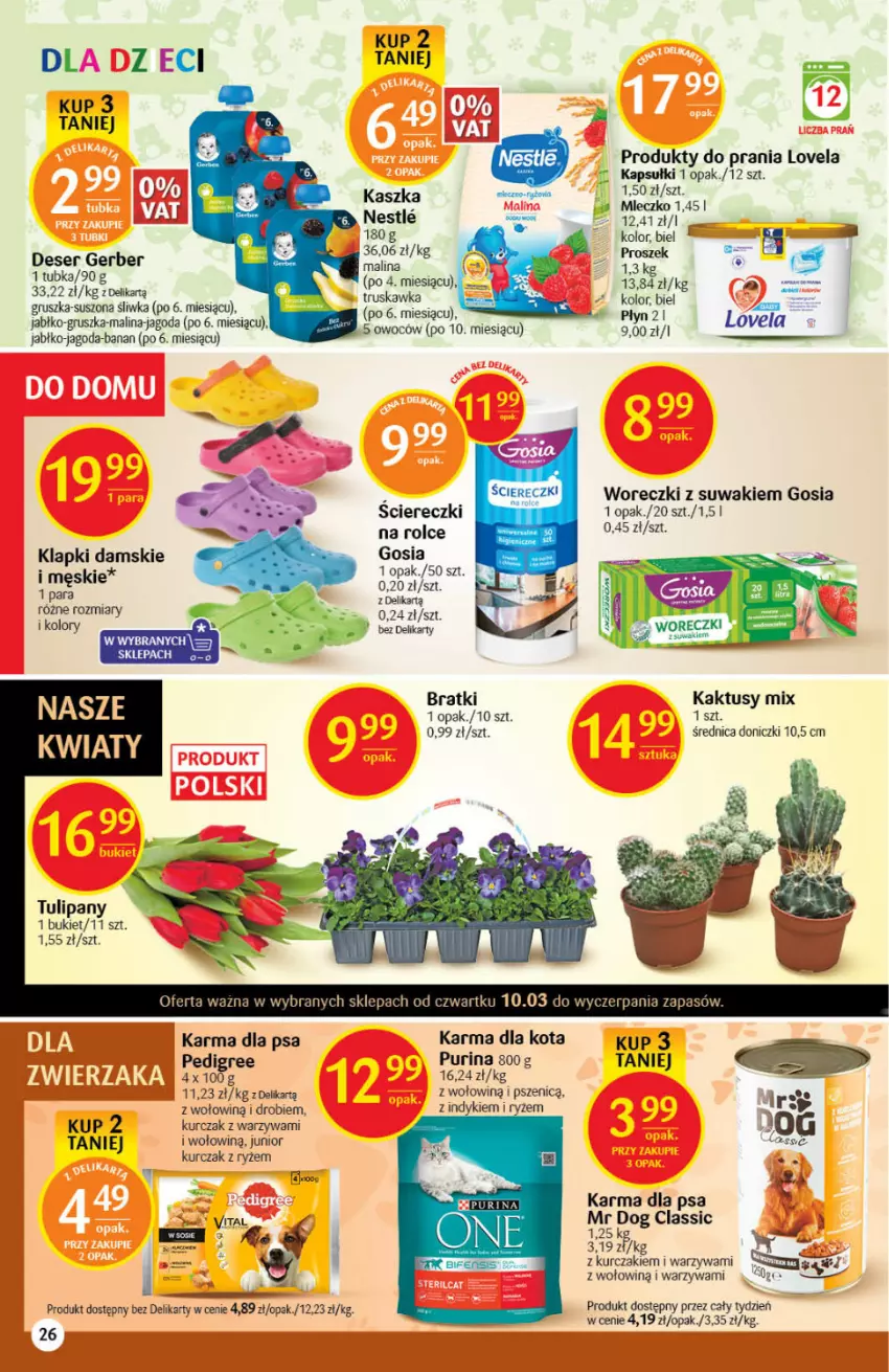 Gazetka promocyjna Delikatesy Centrum - Gazetka DC10 - ważna 10.03 do 16.03.2022 - strona 26 - produkty: Bukiet, Deser, Gerber, Klapki, Kurczak, Lovela, Pedigree, Pur, Purina, Ryż, Ser, Tulipan, Warzywa