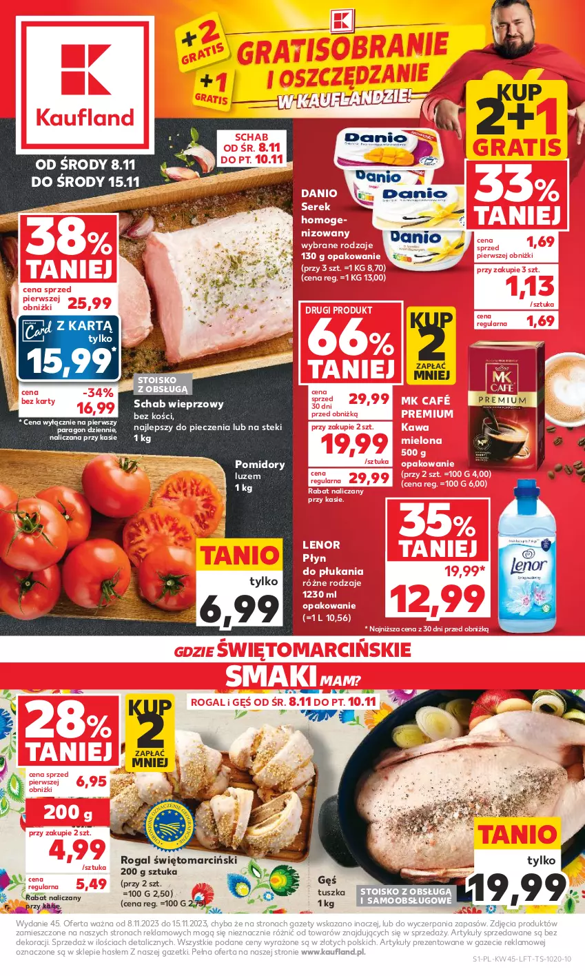 Gazetka promocyjna Kaufland - Gazetka tygodnia - ważna 08.11 do 15.11.2023 - strona 1 - produkty: Danio, Gra, Kawa, Kawa mielona, Lenor, Piec, Płyn do płukania, Pomidory, Rogal, Schab wieprzowy, Ser, Serek, Serek homogenizowany, Stek, Tusz