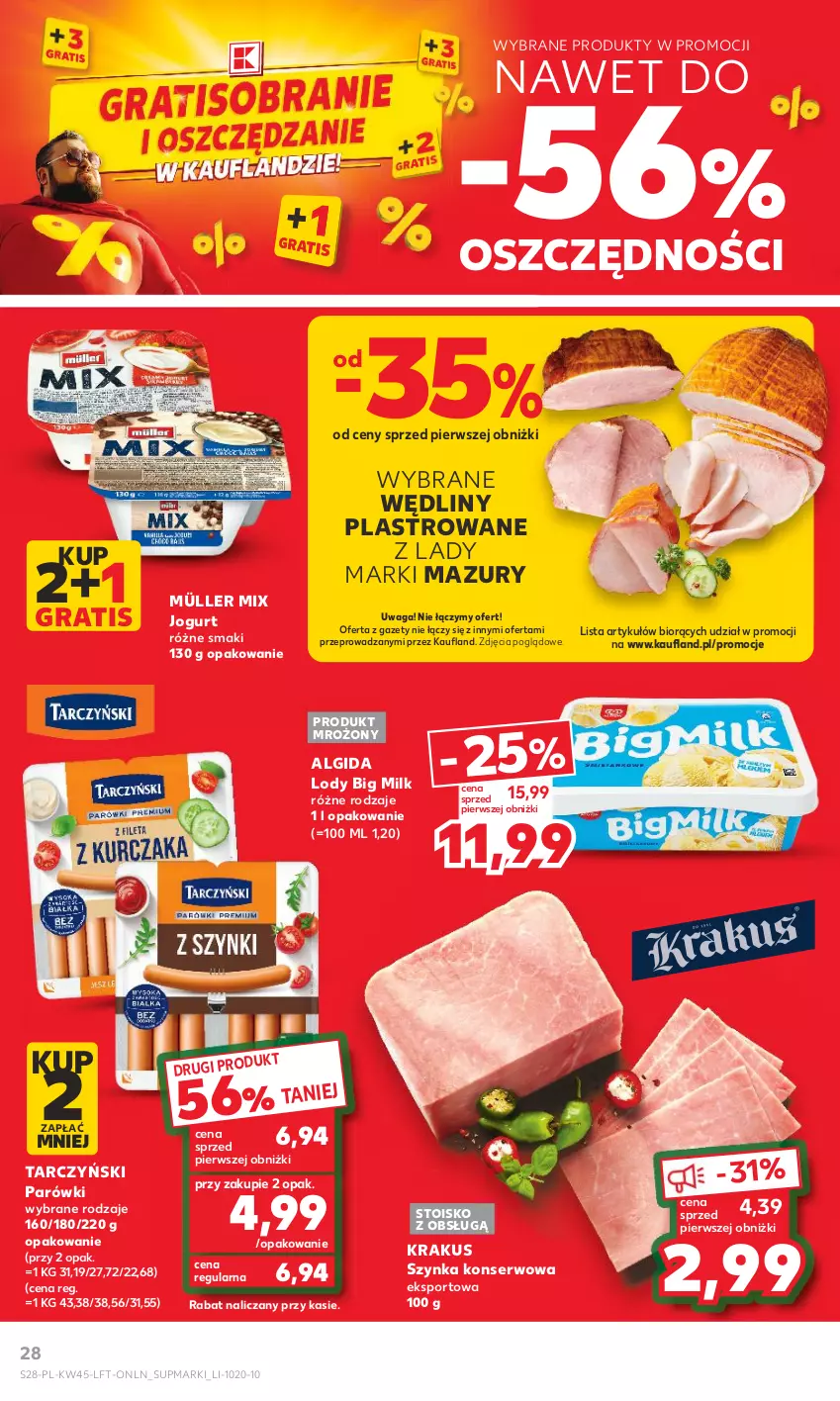 Gazetka promocyjna Kaufland - Gazetka tygodnia - ważna 08.11 do 15.11.2023 - strona 28 - produkty: Algida, Big Milk, Gra, Jogurt, Krakus, LG, Lody, Müller, Müller Mix, Parówki, Por, Ser, Sport, Szynka, Szynka konserwowa, Tarczyński, Waga