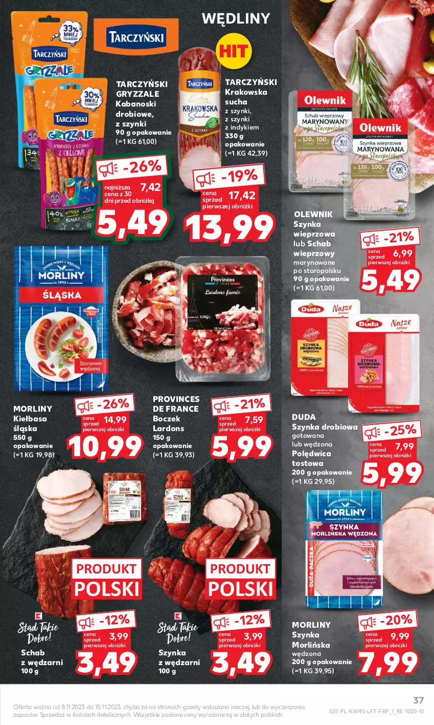 Gazetka promocyjna Kaufland - Gazetka tygodnia - ważna 08.11 do 15.11.2023 - strona 37 - produkty: Boczek, Duda, Gry, Kabanos, Kiełbasa, Kiełbasa śląska, Morliny, Olewnik, Polędwica, Schab wieprzowy, Szynka, Szynka wieprzowa, Tarczyński