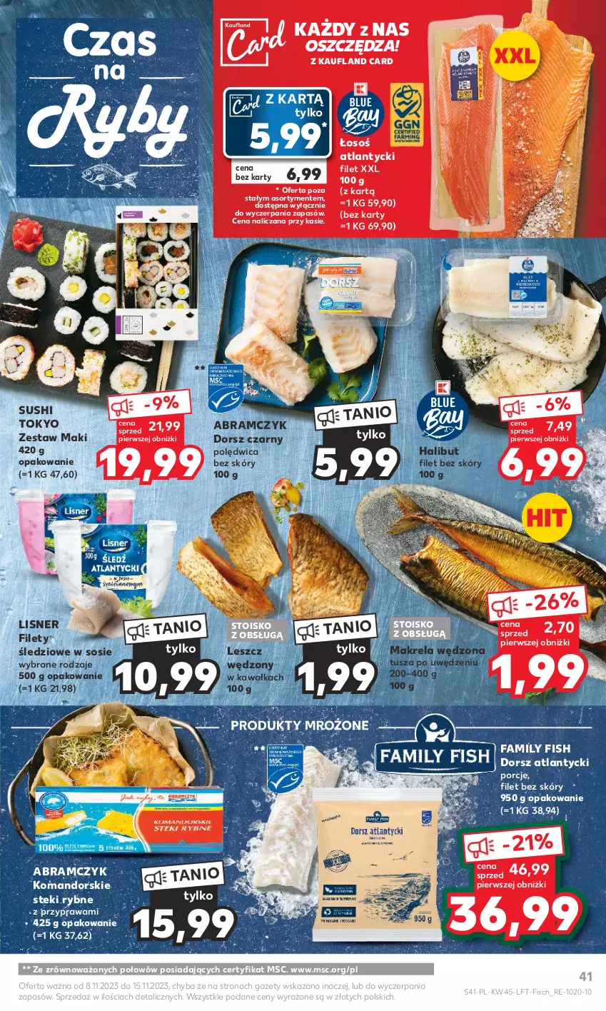 Gazetka promocyjna Kaufland - Gazetka tygodnia - ważna 08.11 do 15.11.2023 - strona 41 - produkty: Dorsz, Fa, Halibut, Kawa, Lisner, Polędwica, Por, Produkty mrożone, Sos, Stek, Sushi, Tusz