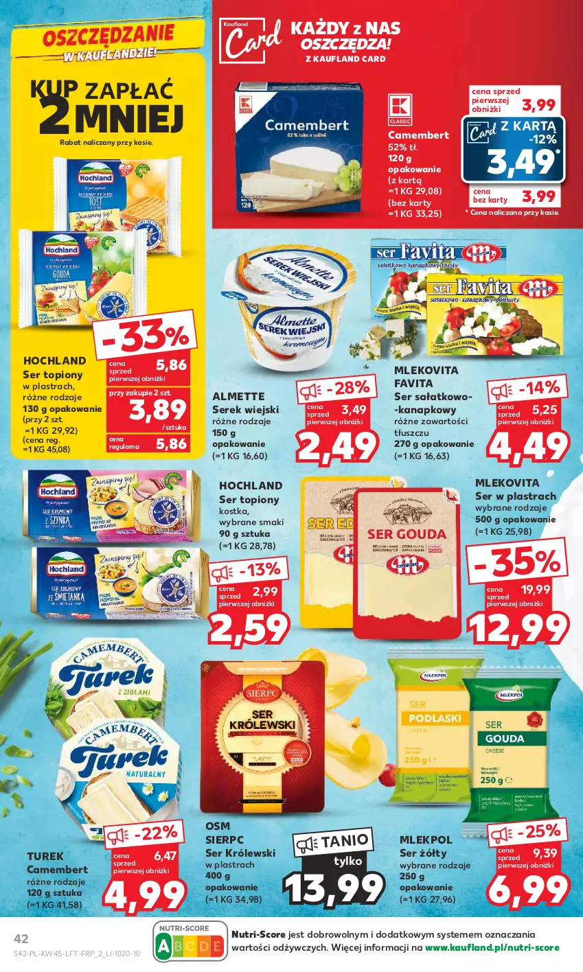 Gazetka promocyjna Kaufland - Gazetka tygodnia - ważna 08.11 do 15.11.2023 - strona 42 - produkty: Almette, Camembert, Fa, Favita, Hochland, Królewski, Mleko, Mlekovita, Sałat, Ser, Ser sałatkowo-kanapkowy, Ser topiony, Serek, Serek wiejski, Top