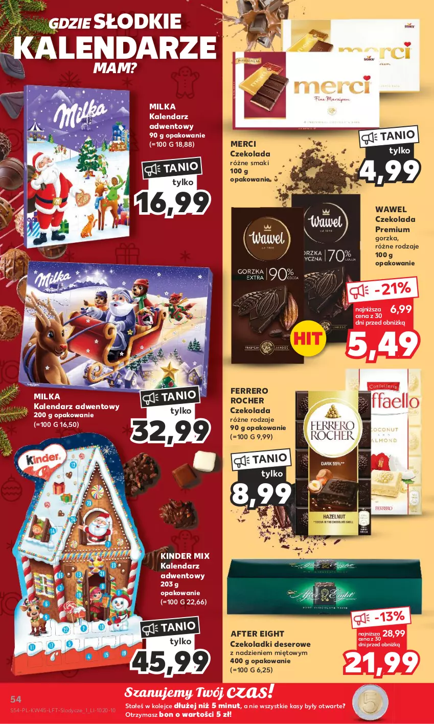 Gazetka promocyjna Kaufland - Gazetka tygodnia - ważna 08.11 do 15.11.2023 - strona 54 - produkty: Czekolada, Deser, Ferrero, Ferrero Rocher, Kalendarz, Kalendarz adwentowy, Kinder, Lody, Merci, Milka, Olej, Ser, Wawel