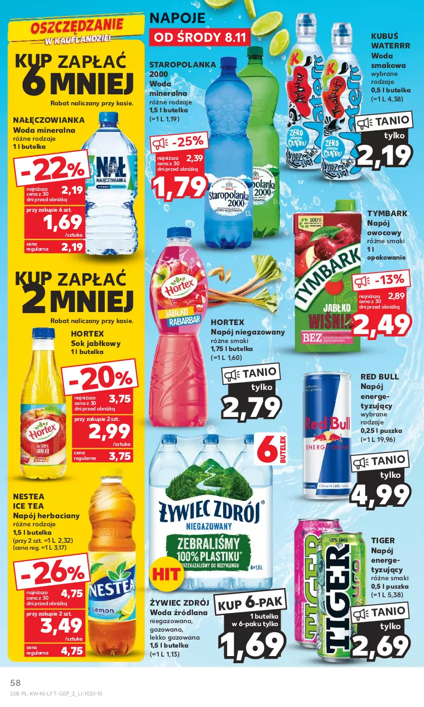 Gazetka promocyjna Kaufland - Gazetka tygodnia - ważna 08.11 do 15.11.2023 - strona 58 - produkty: Hortex, Ice tea, Kubuś, Kubuś Waterrr, LANA, Nałęczowianka, Napój, Napój niegazowany, Napoje, Nestea, Red Bull, Sok, Sok jabłkowy, Staropolanka, Tiger, Tymbark, Woda, Woda mineralna