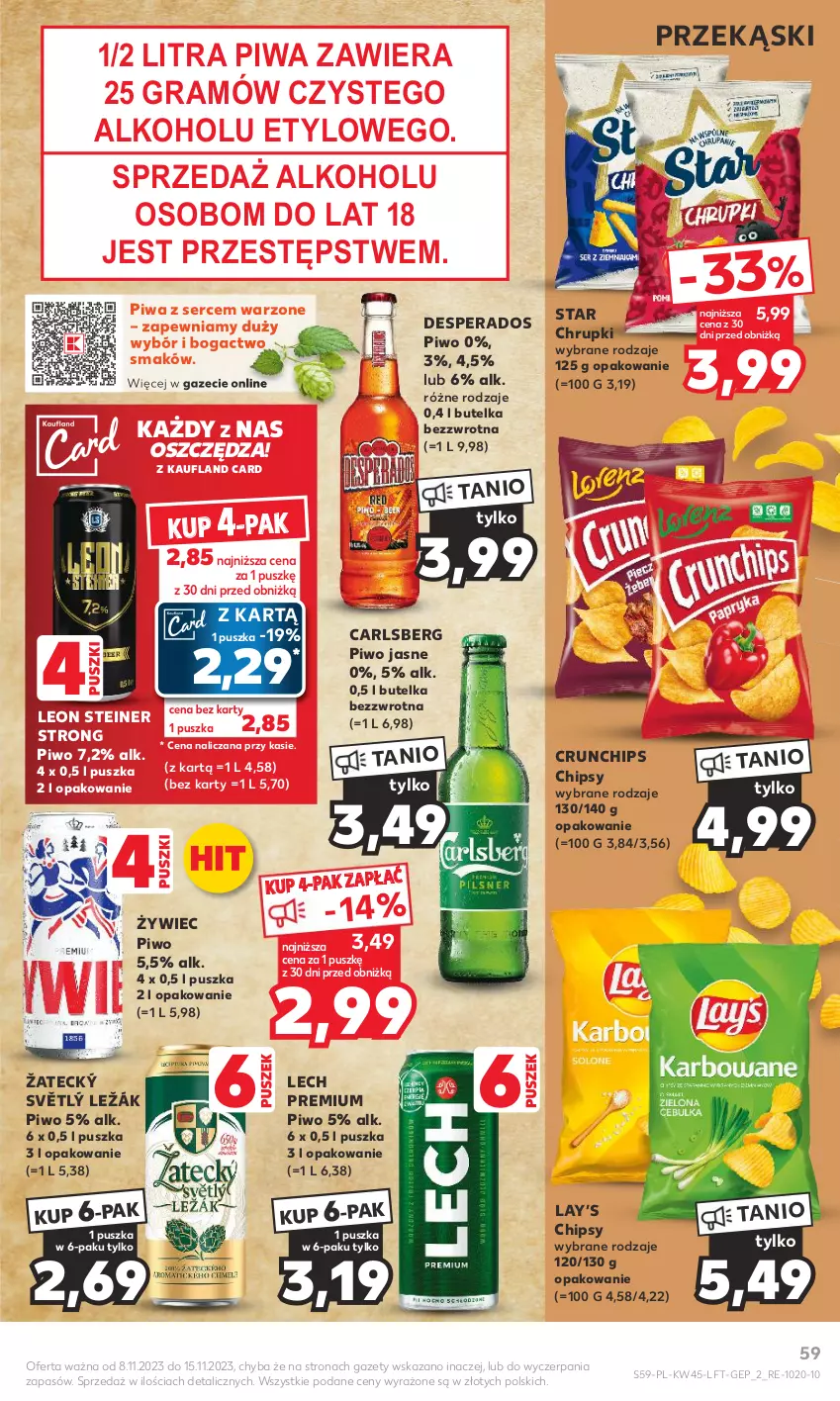 Gazetka promocyjna Kaufland - Gazetka tygodnia - ważna 08.11 do 15.11.2023 - strona 59 - produkty: Carlsberg, Chipsy, Chrupki, Crunchips, Desperados, Gra, Lay’s, Lech Premium, Leon, Piwa, Piwo, Piwo jasne, Ser