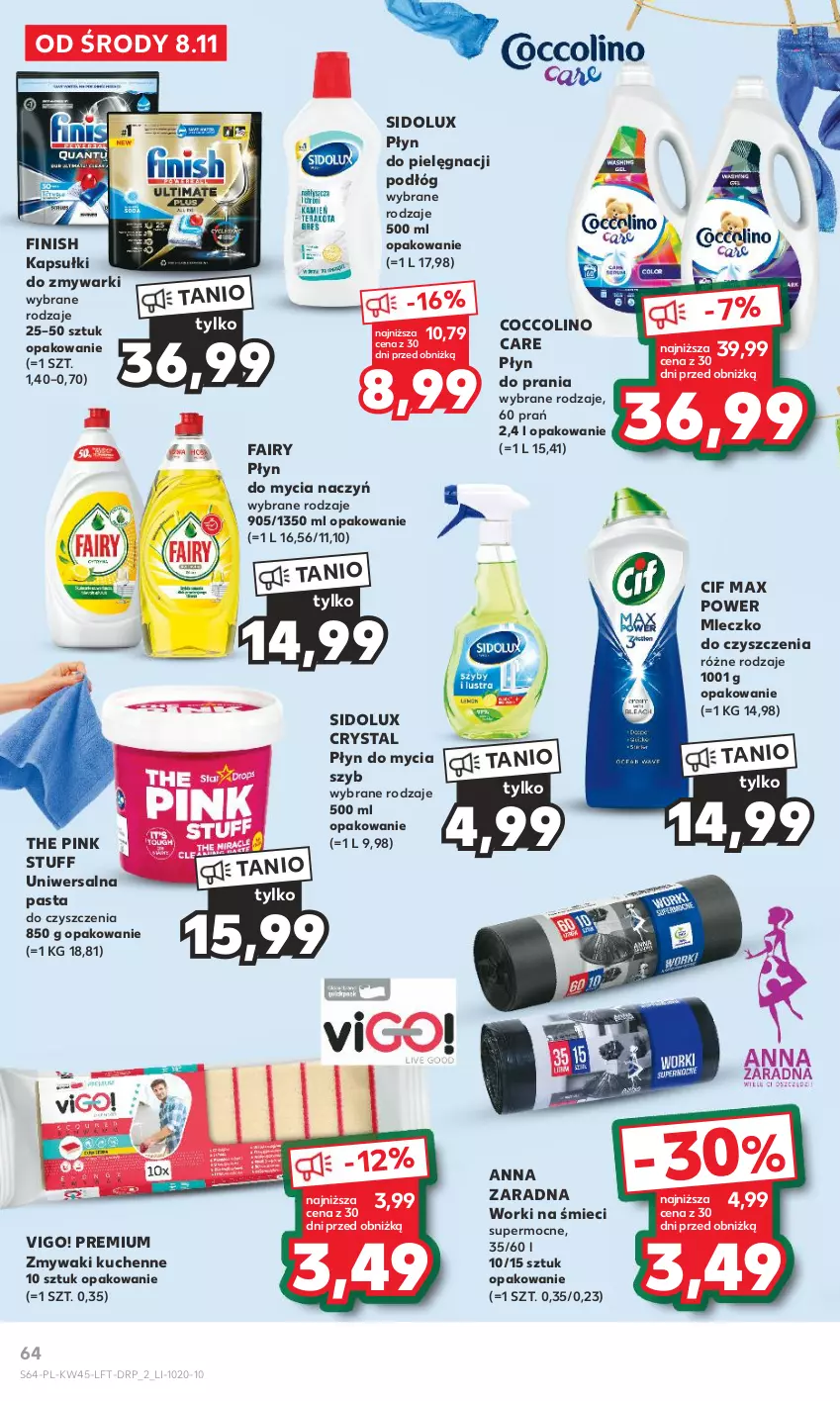 Gazetka promocyjna Kaufland - Gazetka tygodnia - ważna 08.11 do 15.11.2023 - strona 64 - produkty: Cif, Coccolino, Do mycia naczyń, Fa, Fairy, Finish, Mleczko, Płyn do mycia, Płyn do mycia naczyń, Płyn do prania, Sidolux, Worki na śmiec, Worki na śmieci, Zmywaki kuchenne, Zmywarki