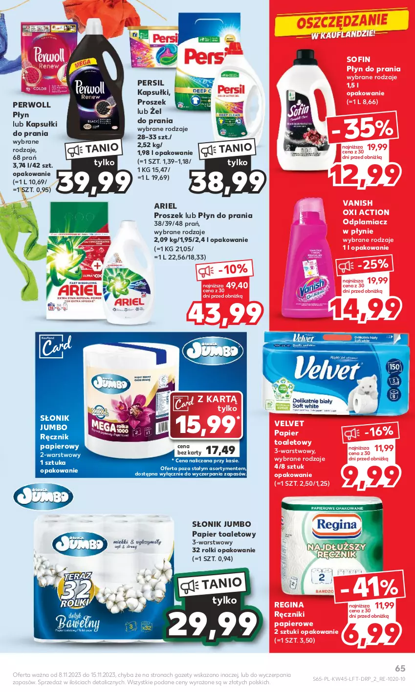 Gazetka promocyjna Kaufland - Gazetka tygodnia - ważna 08.11 do 15.11.2023 - strona 65 - produkty: Ariel, Gin, Kapsułki do prania, Odplamiacz, Papier, Papier toaletowy, Persil, Perwoll, Płyn do prania, Ręcznik, Ręczniki papierowe, Rolki, Vanish, Velvet