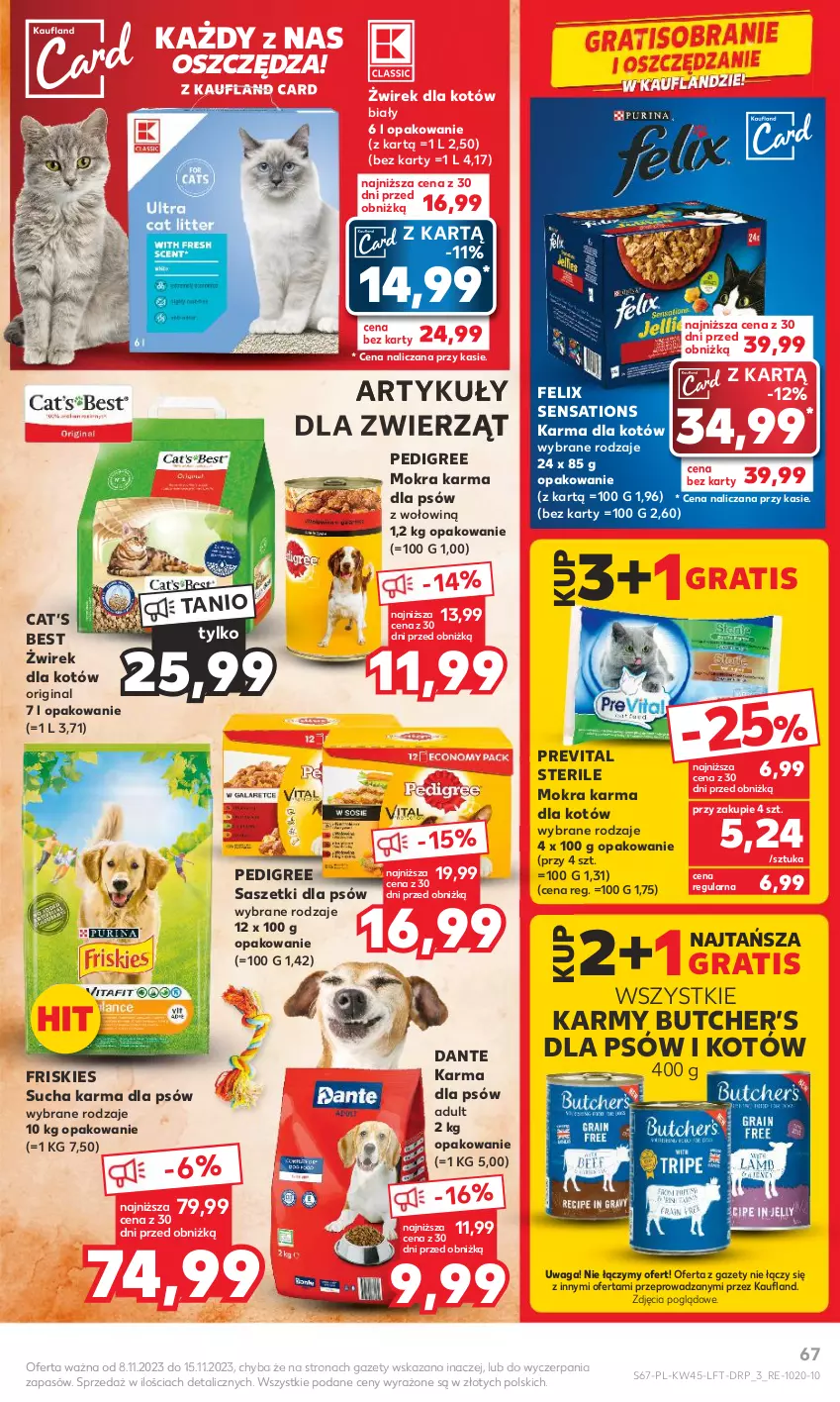 Gazetka promocyjna Kaufland - Gazetka tygodnia - ważna 08.11 do 15.11.2023 - strona 67 - produkty: Felix, Friskies, Gin, Gra, Mokra karma, Pedigree, Sati, Sucha karma, Waga