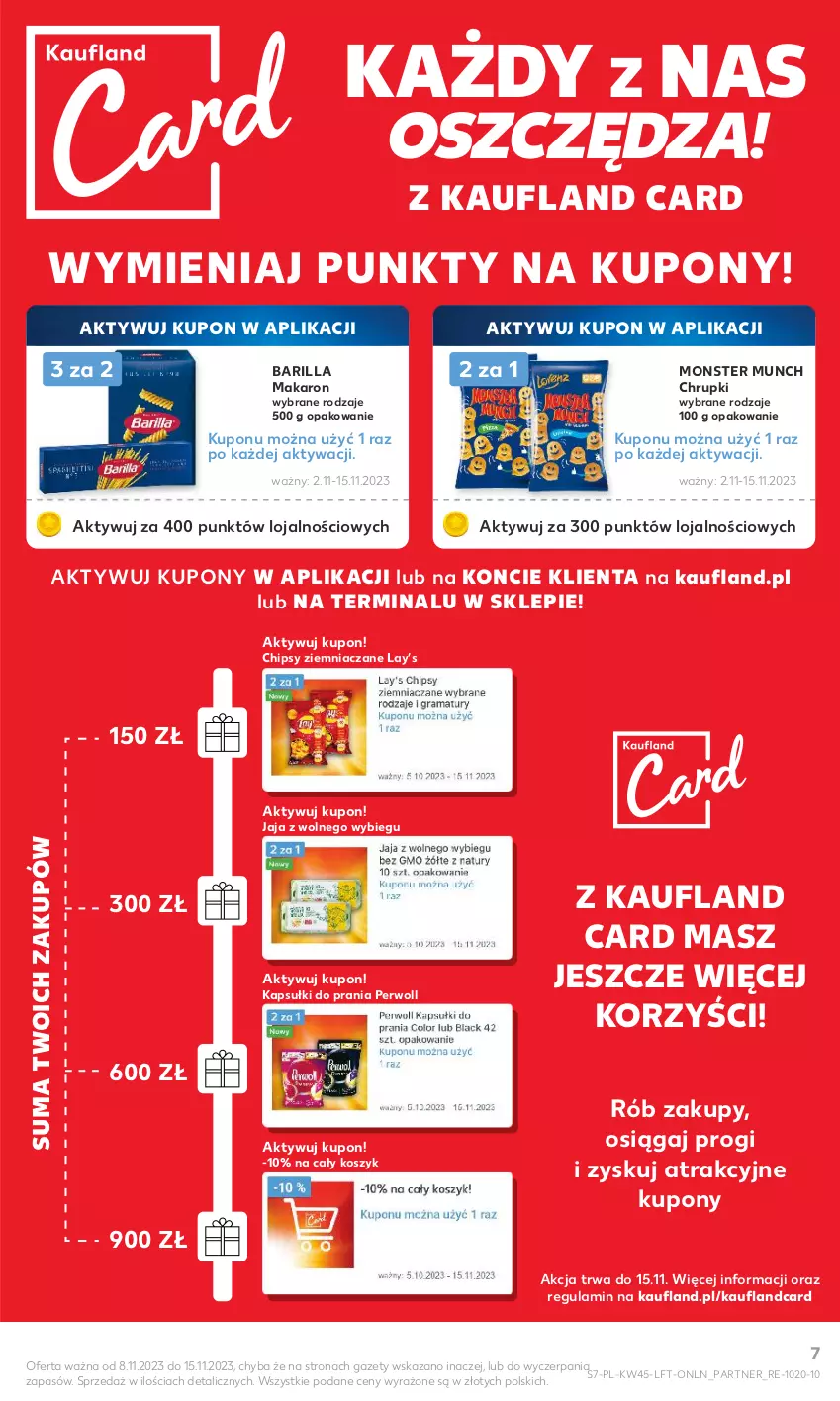 Gazetka promocyjna Kaufland - Gazetka tygodnia - ważna 08.11 do 15.11.2023 - strona 7 - produkty: Barilla, Chipsy, Chrupki, Jaja, Jaja z wolnego wybiegu, Kapsułki do prania, Kosz, Lay’s, Makaron, Monster Munch, Perwoll