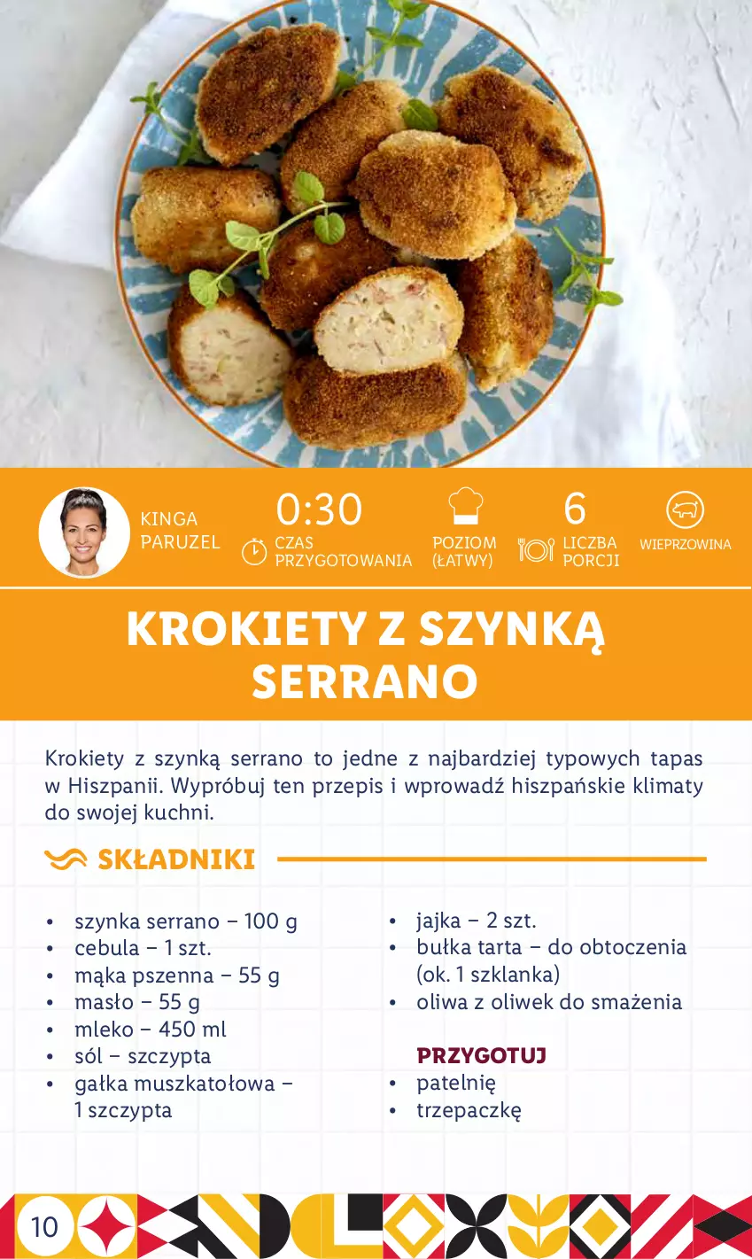 Gazetka promocyjna Lidl - KATALOG IBERYJSKI - ważna 12.09 do 17.09.2022 - strona 10 - produkty: Bułka, Bułka tarta, Cebula, Gałka, Krokiety, Mąka, Mąka pszenna, Masło, Mleko, Mus, Oliwa z oliwek, Por, Ser, Sól, Szklanka, Szynka, Tarta, Wieprzowina