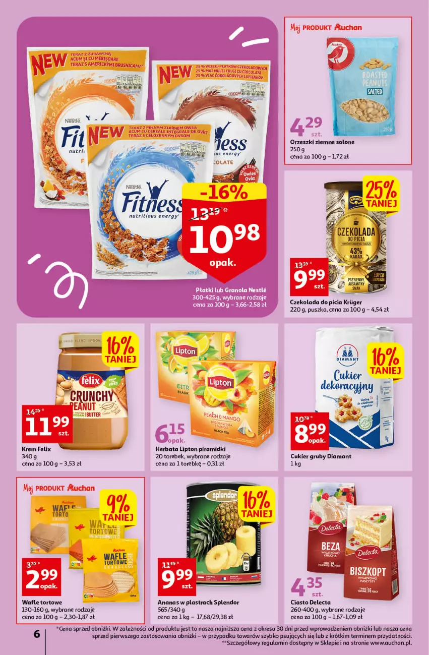 Gazetka promocyjna Auchan - Gazetka Oferta tygodnia Supermarket Auchan - ważna 16.03 do 22.03.2023 - strona 6 - produkty: Ananas, Ananas w plastrach, Cukier, Czekolada, Delecta, Diamant, Felix, Herbata, Lipton, O nas, Orzeszki, Orzeszki ziemne, Wafle, Wafle tortowe