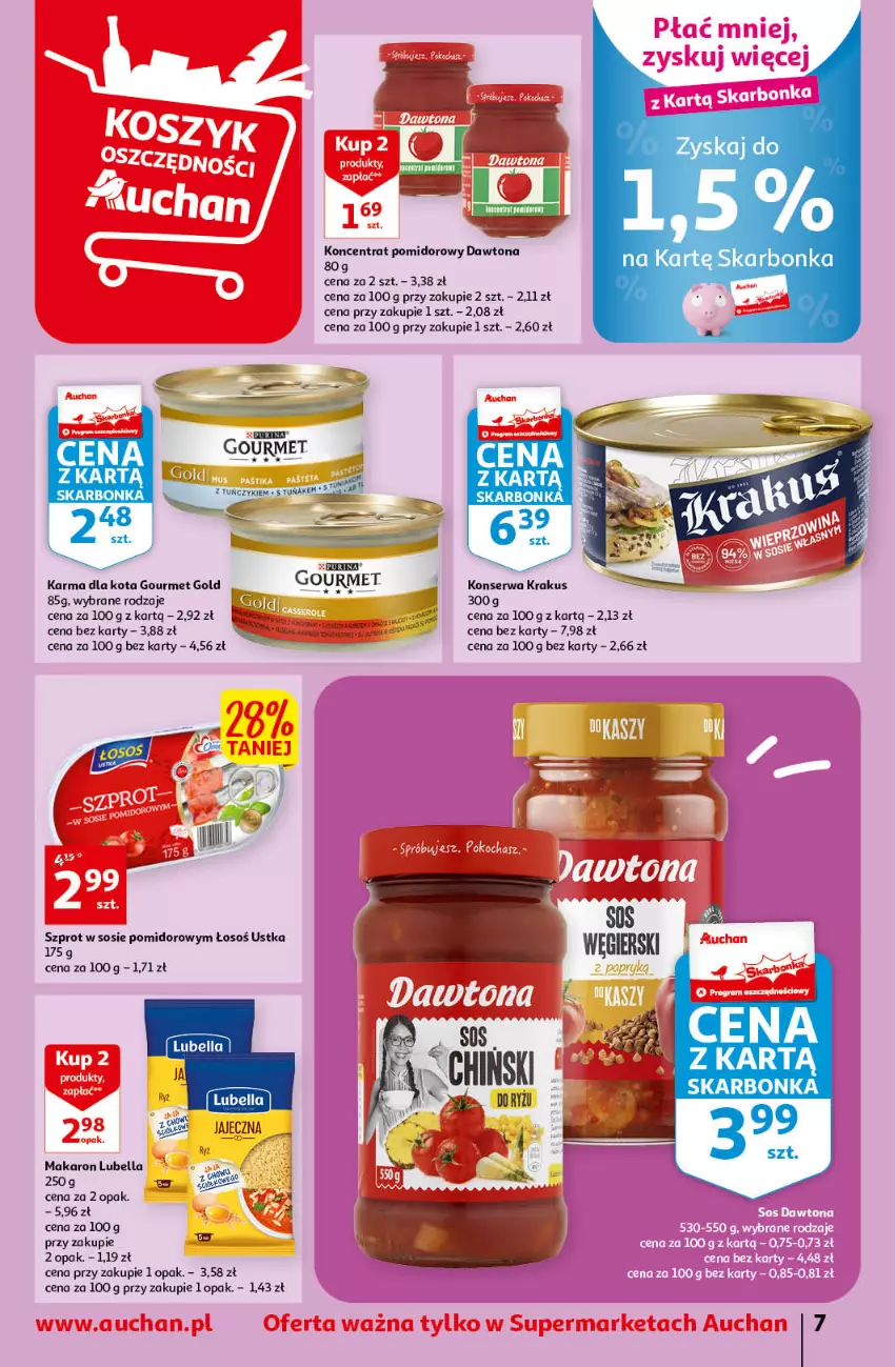 Gazetka promocyjna Auchan - Gazetka Oferta tygodnia Supermarket Auchan - ważna 16.03 do 22.03.2023 - strona 7 - produkty: Bell, Bella, Dawtona, Gourmet Gold, Krakus, Lubella, Makaron, Pur, Purina, Ser, Sos, Szprot, Szprot w sosie, Tuńczyk