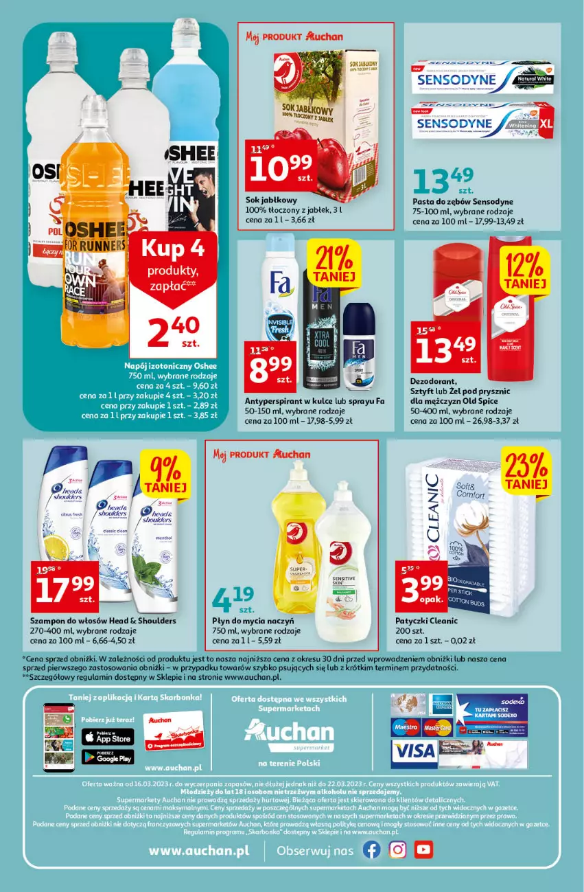 Gazetka promocyjna Auchan - Gazetka Oferta tygodnia Supermarket Auchan - ważna 16.03 do 22.03.2023 - strona 8 - produkty: Antyperspirant, Cleanic, Dezodorant, Do mycia naczyń, Fa, O nas, Old Spice, Pasta do zębów, Płyn do mycia, Płyn do mycia naczyń, Sensodyne, Sok, Sok jabłkowy, Szampon