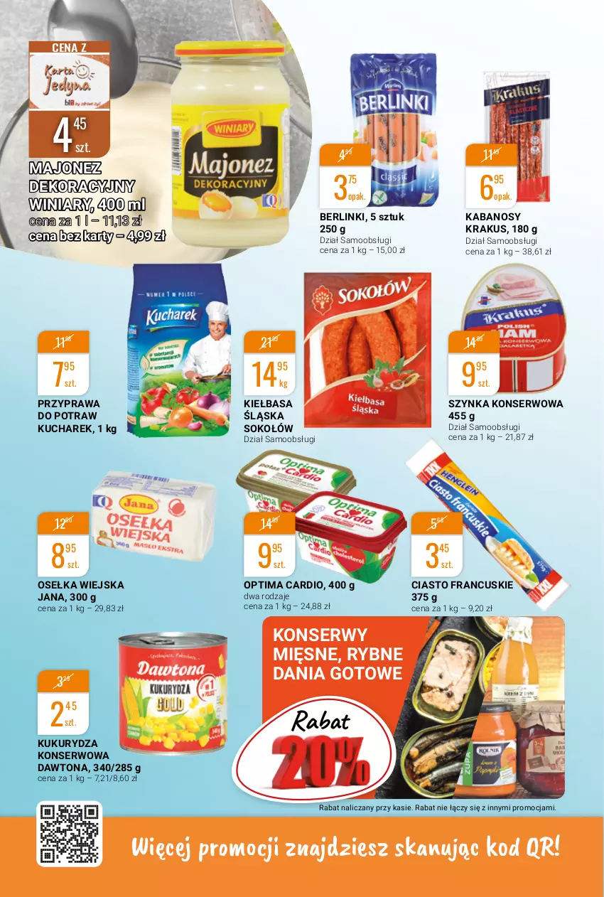 Gazetka promocyjna Bi1 - Okazje tygodnia - ważna 27.10 do 02.11.2021 - strona 4 - produkty: Berlinki, Ciasto francuskie, Dania gotowe, Dawtona, Kabanos, Kiełbasa, Kiełbasa śląska, Krakus, Kucharek, Kukurydza, Kukurydza konserwowa, Majonez, Optima, Optima Cardio, Przyprawa do potraw, Ser, Sok, Sokołów, Szynka, Szynka konserwowa, Winiary