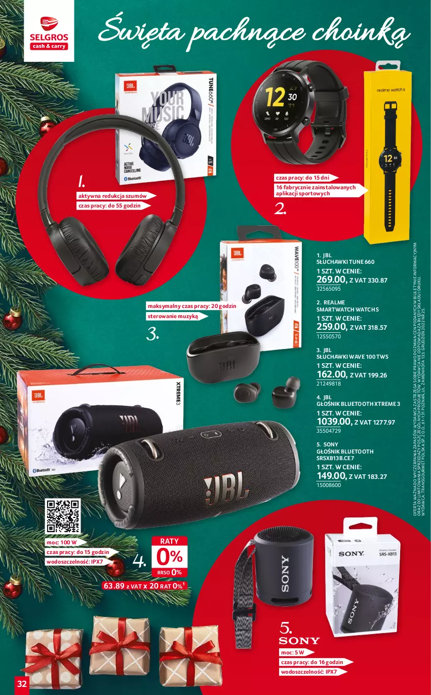 Gazetka promocyjna Selgros - Katalog Prezenty - ważna 01.12 do 14.12.2022 - strona 32 - produkty: Fa, Głośnik, Głośnik bluetooth, JBL, Por, Słuchawki, Smartwatch, Sony, Sport, Tran