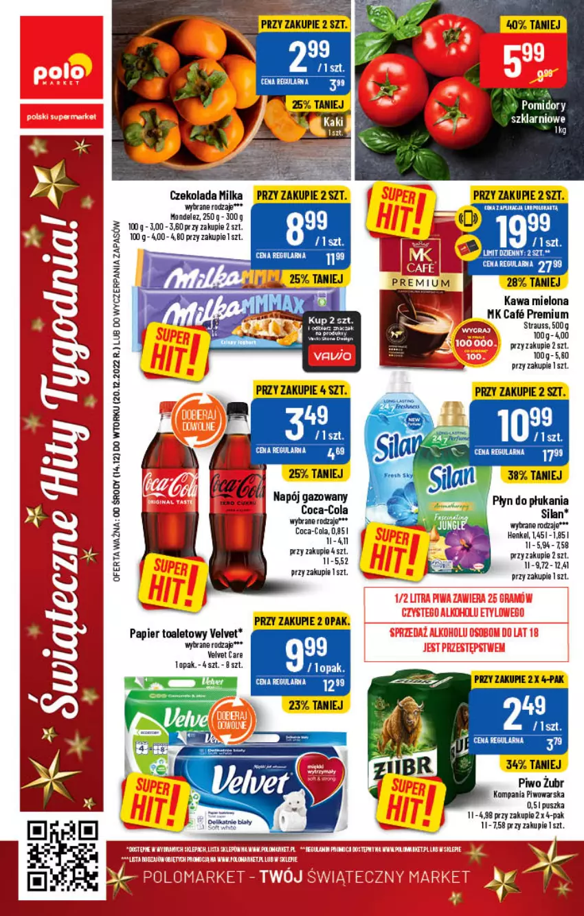 Gazetka promocyjna PoloMarket - Gazetka pomocyjna - ważna 14.12 do 20.12.2022 - strona 82 - produkty: Coca-Cola, Czekolada, Kawa, Kawa mielona, Milka, Papier, Papier toaletowy, Piwo, Płyn do płukania, Silan, Velvet