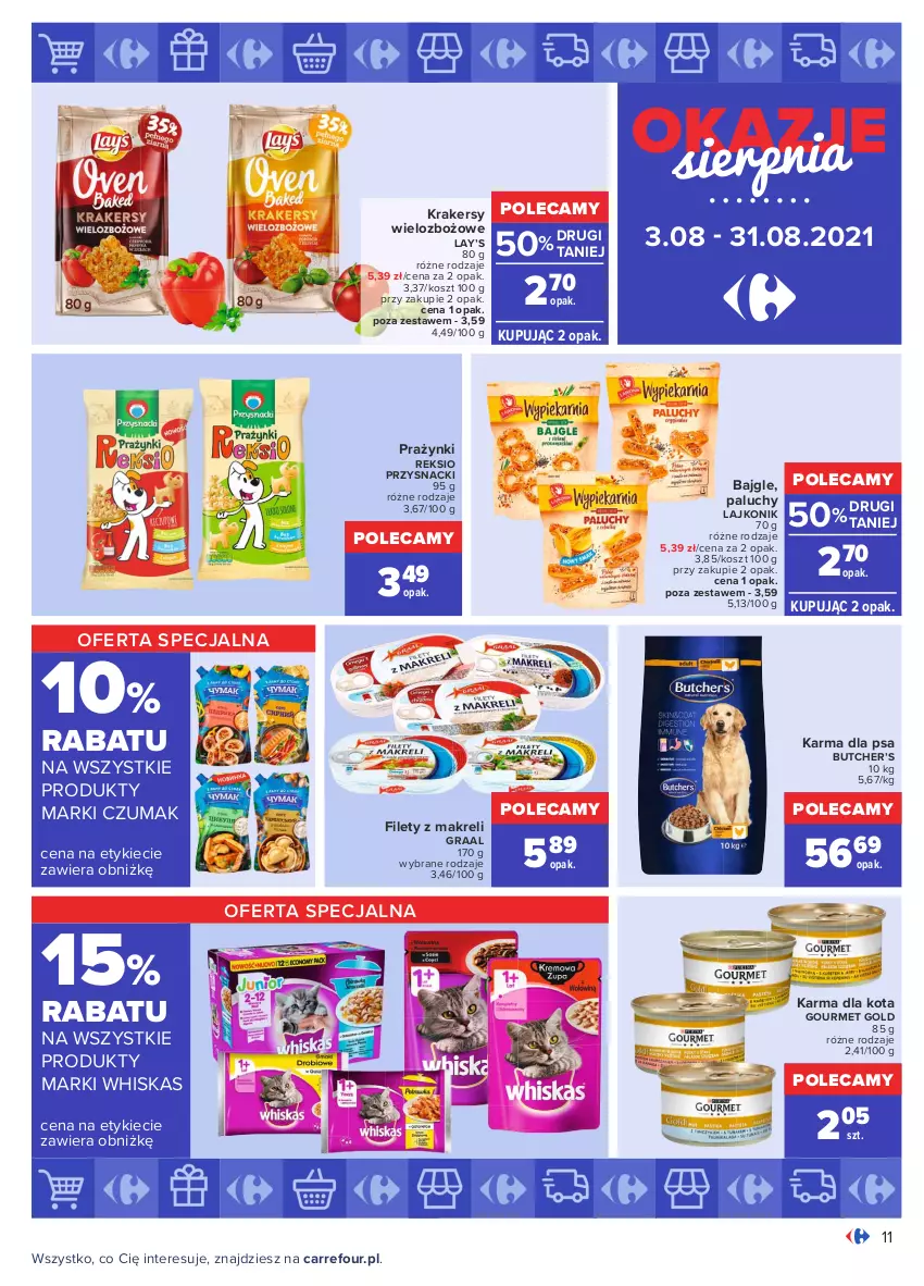 Gazetka promocyjna Carrefour - Gazetka Okazje sierpnia - ważna 02.08 do 31.08.2021 - strona 11 - produkty: Bajgle, Gourmet Gold, Gra, Graal, Kosz, Krakersy, Lajkonik, Lay’s, Przysnacki, Whiskas