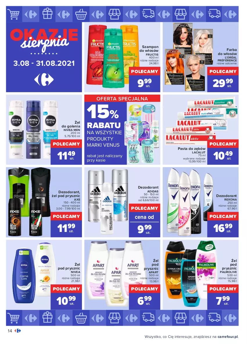 Gazetka promocyjna Carrefour - Gazetka Okazje sierpnia - ważna 02.08 do 31.08.2021 - strona 14 - produkty: Adidas, Dezodorant, Fa, Farba do włosów, Fructis, L’Oréal, Lacalut, Nivea, Nivea Men, Palmolive, Pasta do zębów, Rexona, Szampon, Venus