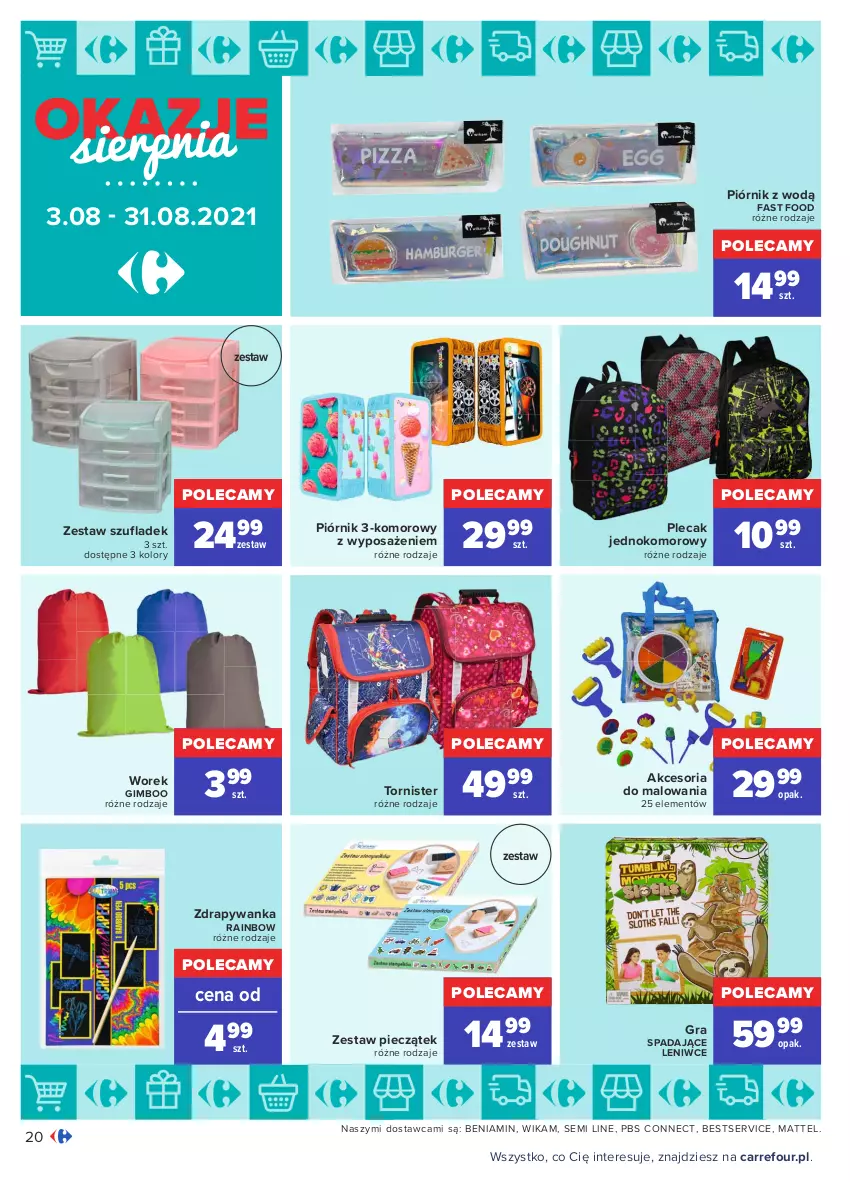 Gazetka promocyjna Carrefour - Gazetka Okazje sierpnia - ważna 02.08 do 31.08.2021 - strona 20 - produkty: Fa, Gra, Mattel, Piec, Piórnik, Plecak, Ser