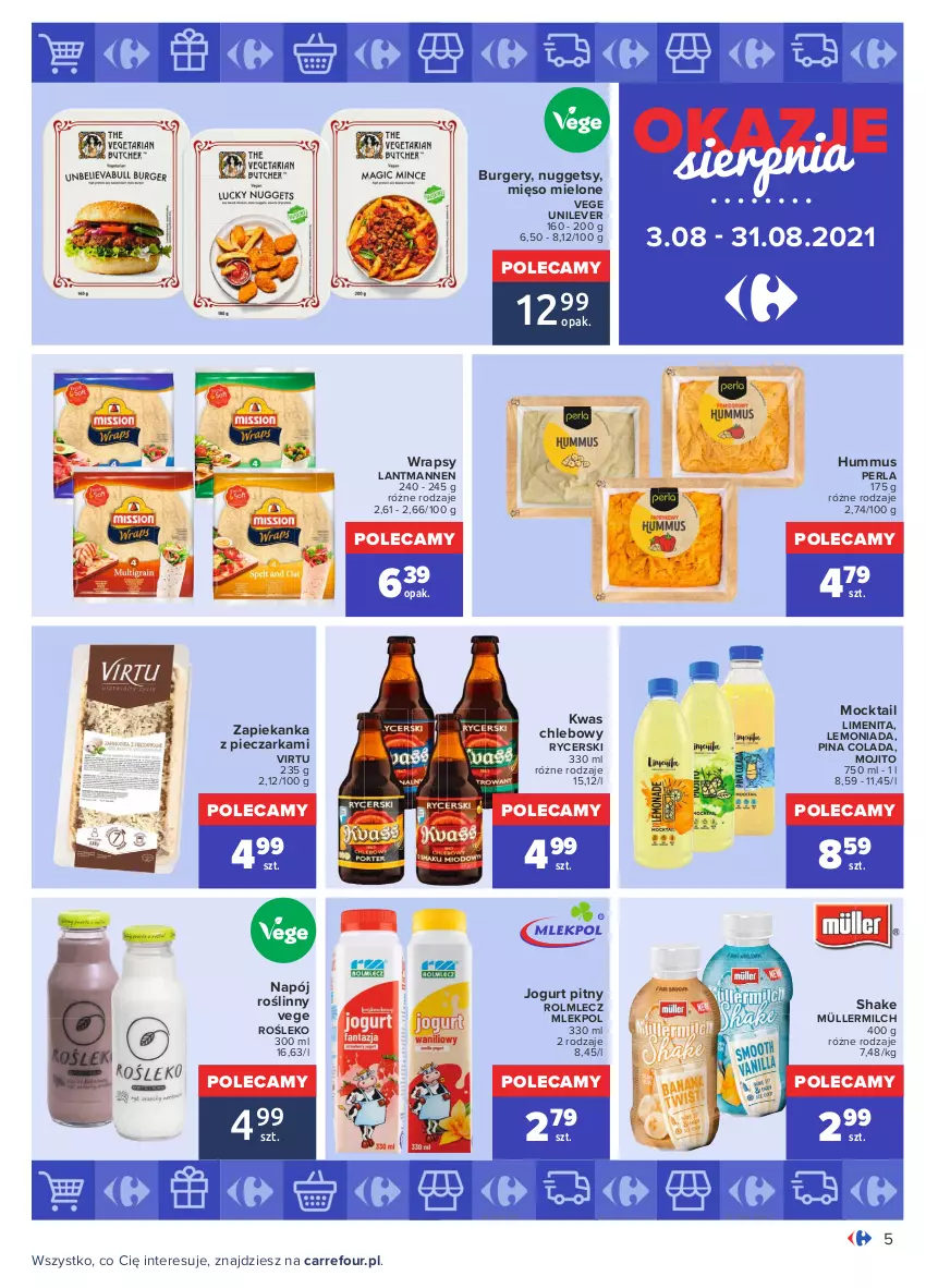 Gazetka promocyjna Carrefour - Gazetka Okazje sierpnia - ważna 02.08 do 31.08.2021 - strona 5 - produkty: Burger, Chleb, Hummus, Jogurt, Jogurt pitny, Lemoniada, Mięso, Mięso mielone, Müller, Müllermilch, Mus, Napój, Napój roślinny, Piec, Pieczarka, Rolmlecz, Virtu, Zapiekanka