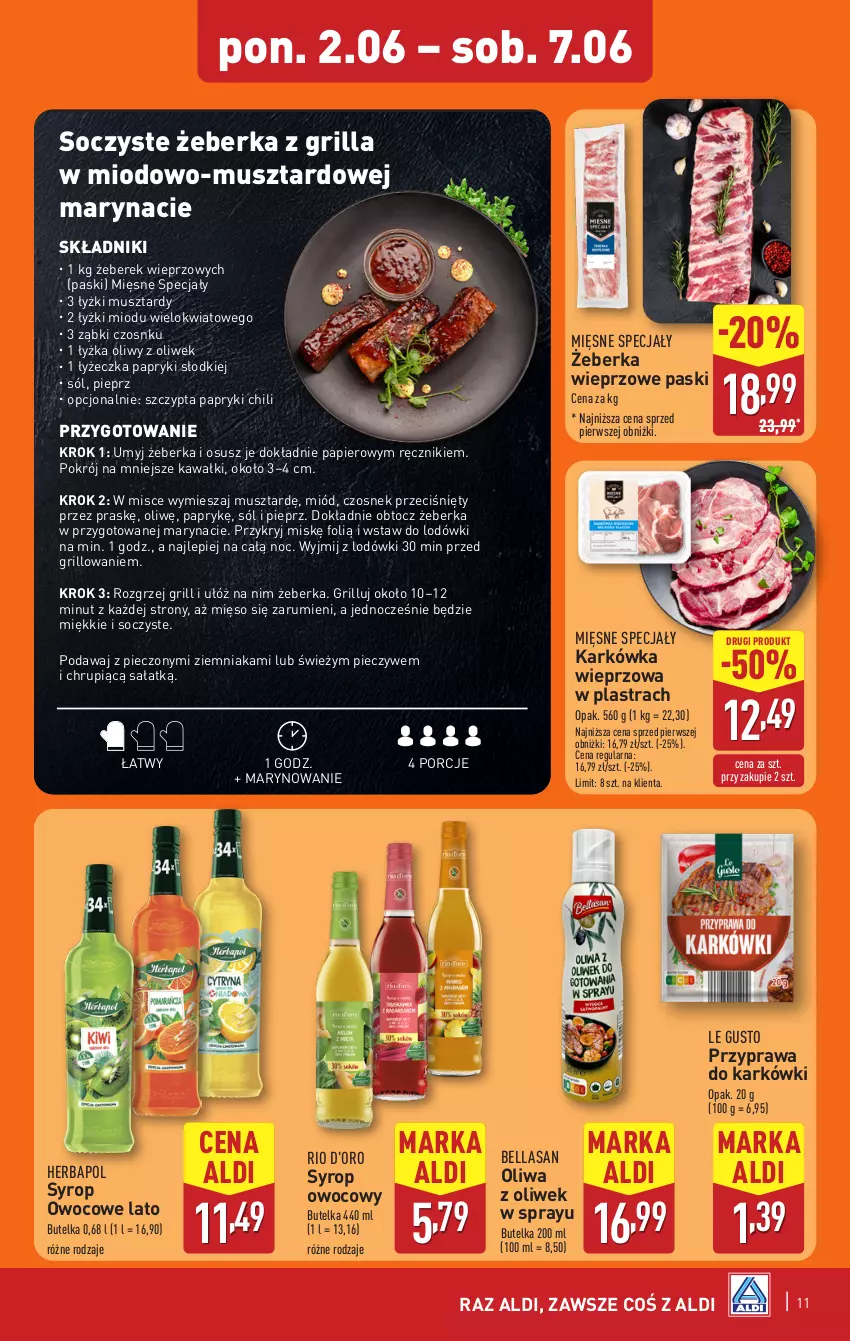 Gazetka promocyjna Aldi - Pełna oferta - ważna 02.06 do 07.06.2025 - strona 11 - produkty: Bell, Bella, Czosnek, Grill, Herbapol, Karkówka wieprzowa, Kawa, Mięsne specjały, Mięso, Miód, Mus, Oliwa z oliwek, Papier, Piec, Pieprz, Por, Ręcznik, Rum, Sałat, Sól, Syrop
