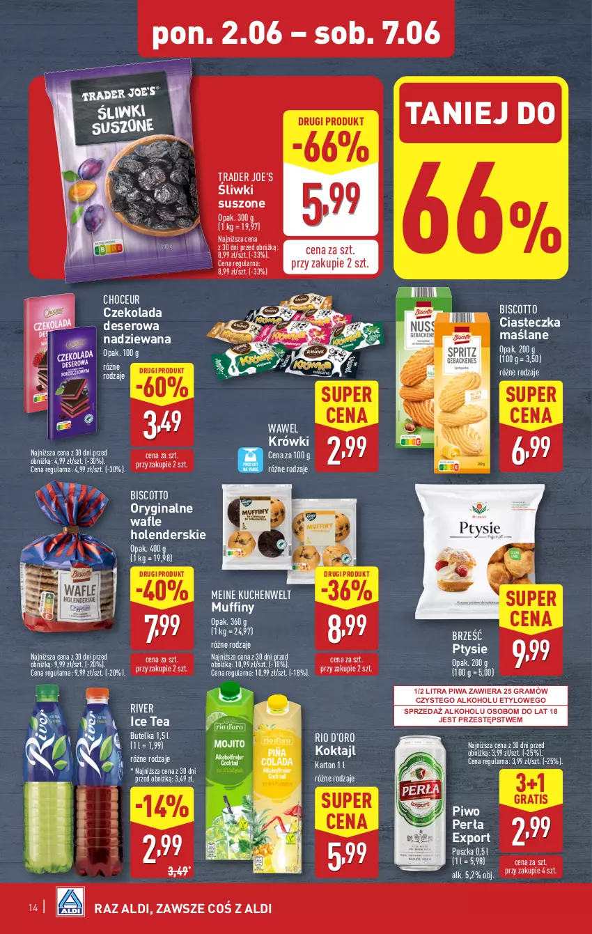 Gazetka promocyjna Aldi - Pełna oferta - ważna 02.06 do 07.06.2025 - strona 14 - produkty: Czekolada, Deser, Gin, Gra, Ice tea, Muffiny, Perła, Piwa, Piwo, Por, Ser, Wafle, Wawel