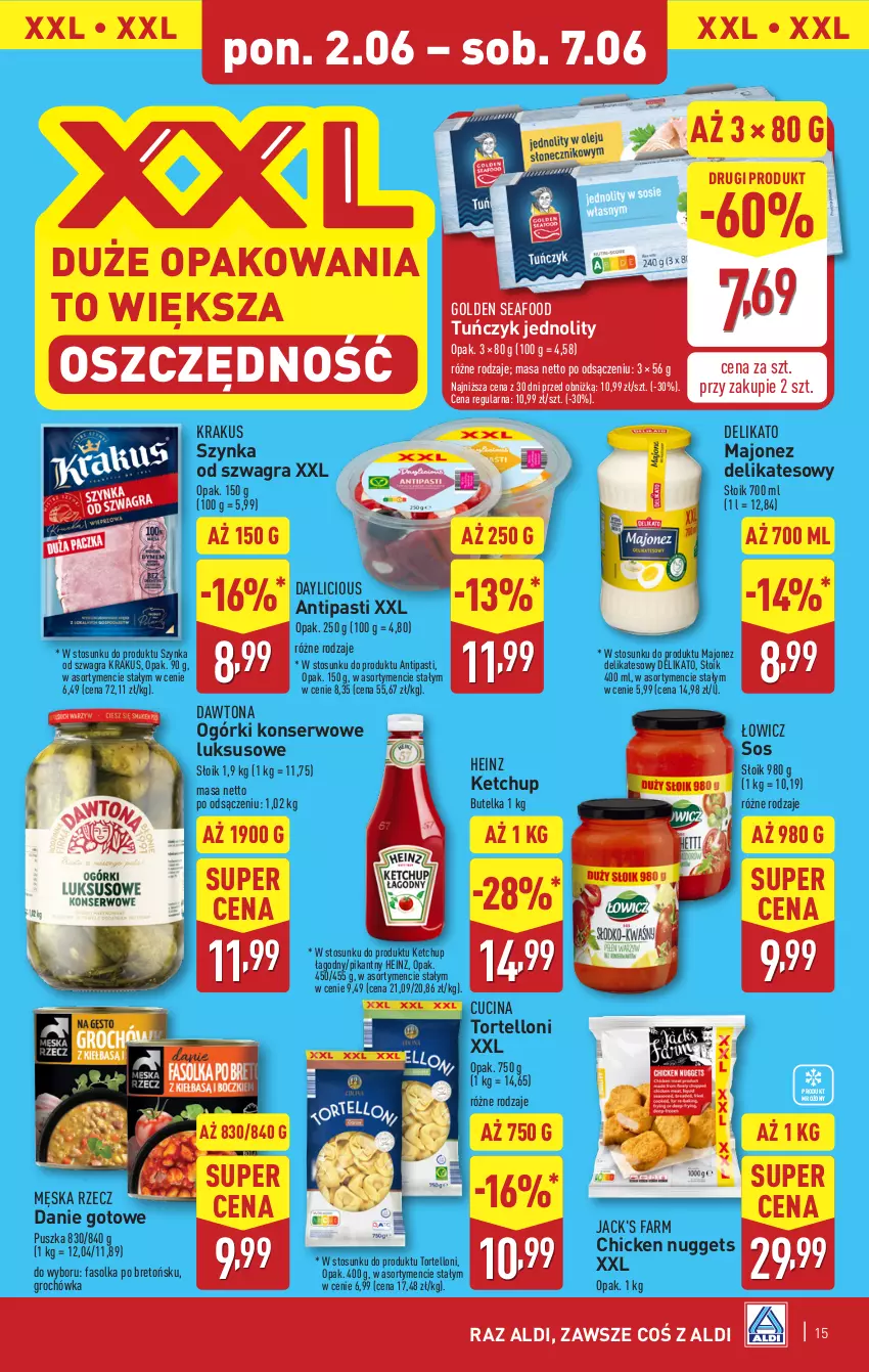 Gazetka promocyjna Aldi - Pełna oferta - ważna 02.06 do 07.06.2025 - strona 15 - produkty: Danie gotowe, Dawtona, Fa, Golden Seafood, Gra, Groch, Heinz, Ketchup, Krakus, Majonez, Ogórki konserwowe, Ser, Sos, Szynka, Tortelloni, Tuńczyk