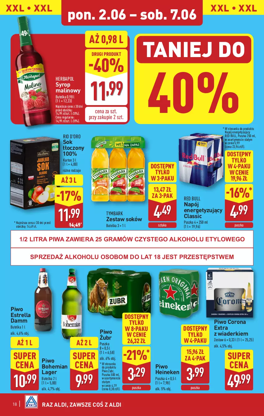 Gazetka promocyjna Aldi - Pełna oferta - ważna 02.06 do 07.06.2025 - strona 18 - produkty: Corona Extra, Gra, Heineken, Herbapol, Napój, Piwa, Piwo, Red Bull, Sok, Syrop, Tymbark