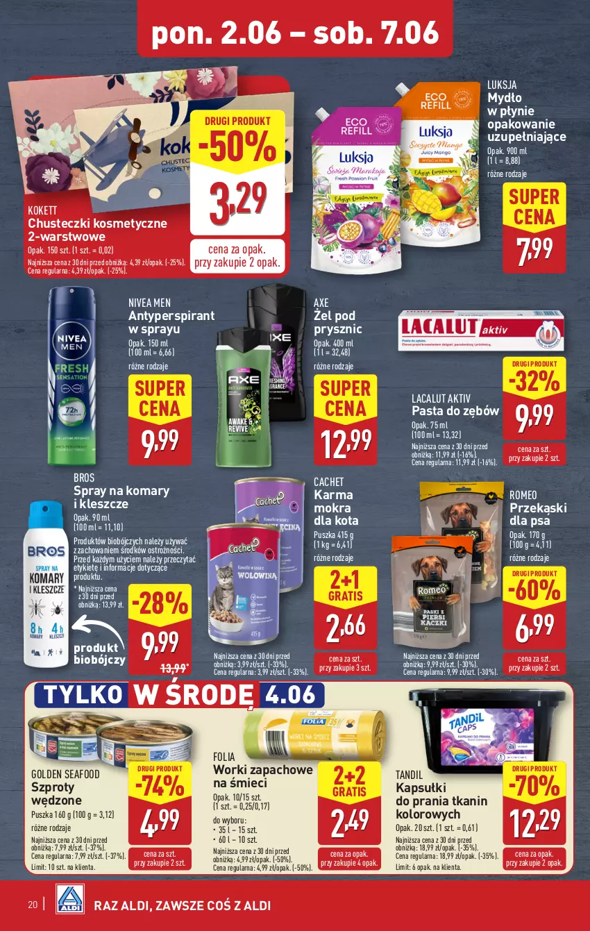 Gazetka promocyjna Aldi - Pełna oferta - ważna 02.06 do 07.06.2025 - strona 20 - produkty: Antyperspirant, Chusteczki, Chusteczki kosmetyczne, Golden Seafood, Gra, Kapsułki do prania, Lacalut, Luksja, Mydło, Mydło w płynie, Nivea, Nivea Men, Pasta do zębów, Przekąski dla psa, Szprot