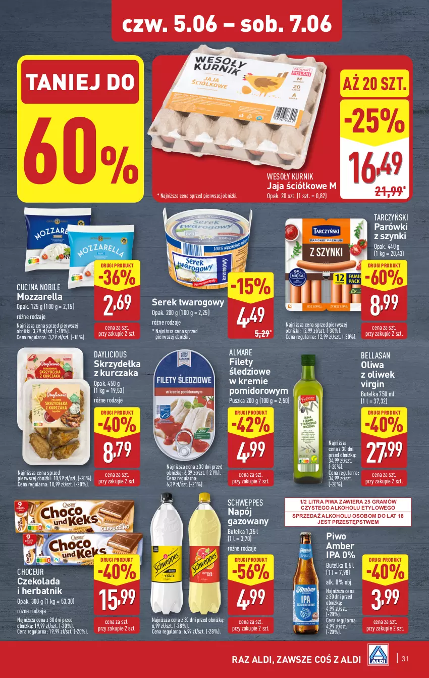 Gazetka promocyjna Aldi - Pełna oferta - ważna 02.06 do 07.06.2025 - strona 31 - produkty: Bell, Bella, Czekolada, Gin, Gra, Jaja, Kurczak, Mozzarella, Napój, Napój gazowany, Oliwa z oliwek, Parówki, Parówki z szynki, Piwa, Piwo, Schweppes, Ser, Serek, Serek twarogowy, Skrzydełka z kurczaka, Tarczyński