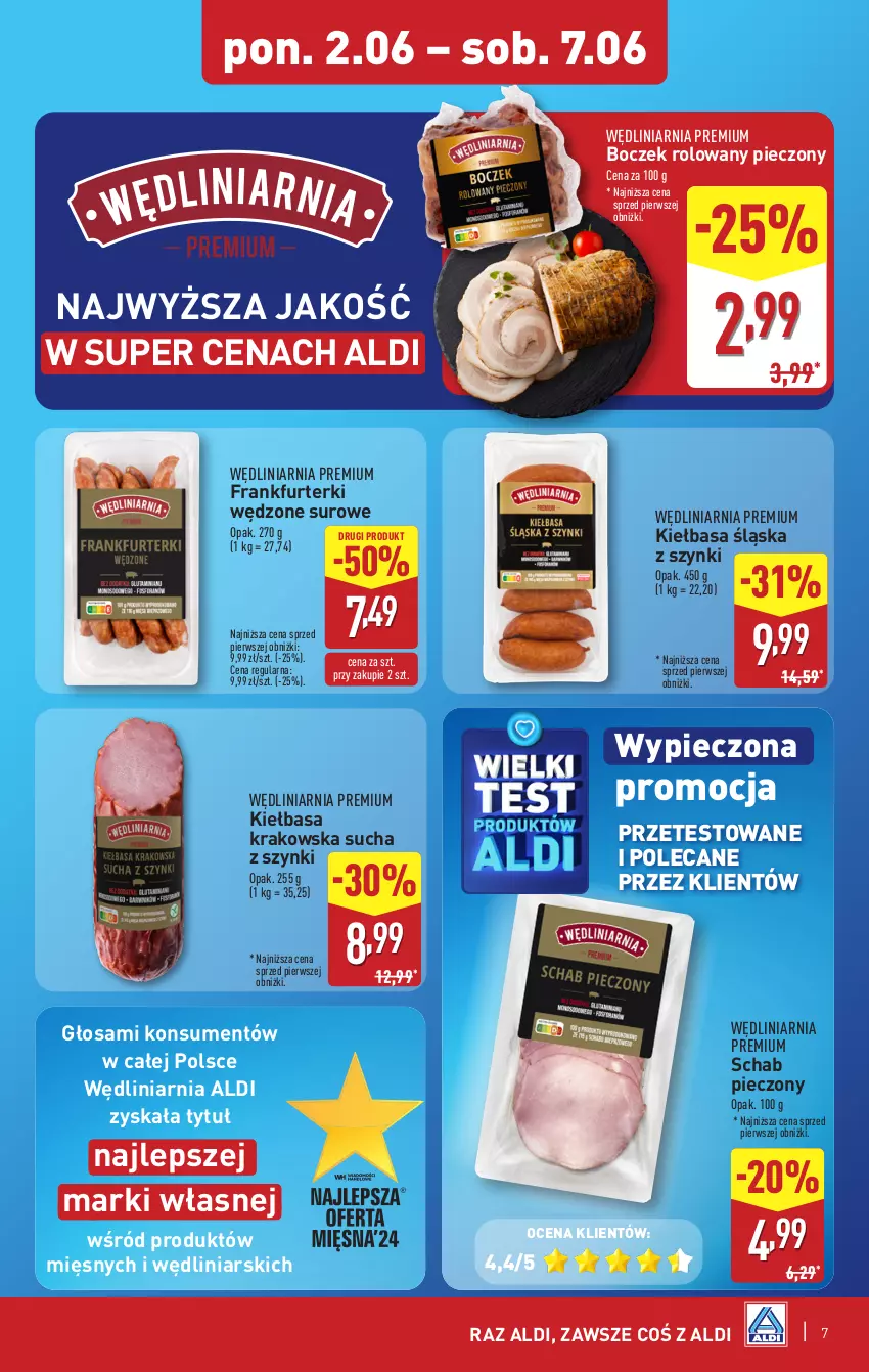 Gazetka promocyjna Aldi - Pełna oferta - ważna 02.06 do 07.06.2025 - strona 7 - produkty: Boczek, Frankfurterki, Kiełbasa, Kiełbasa krakowska, Kiełbasa śląska, Piec, Schab pieczony