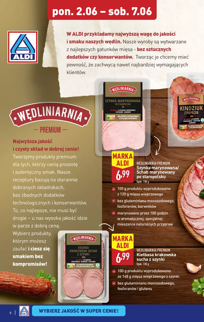 Gazetka promocyjna Aldi - Pełna oferta - ważna 02.06 do 07.06.2025 - strona 8 - produkty: Kiełbasa, Kiełbasa krakowska, Szynka