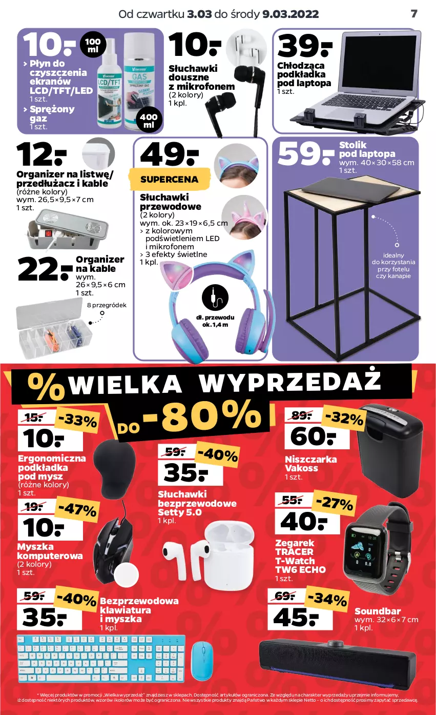 Gazetka promocyjna Netto - Gazetka non food 3.03-9.03 - ważna 03.03 do 09.03.2022 - strona 7 - produkty: Acer, Fotel, Gra, Klawiatura, Komputer, Mikrofon, Mysz, Niszczarka, Organizer, Podkład, Podkładka, Podkładka pod mysz, Słuchawki, Słuchawki bezprzewodowe, Soundbar, Stolik, Top, Zegar, Zegarek