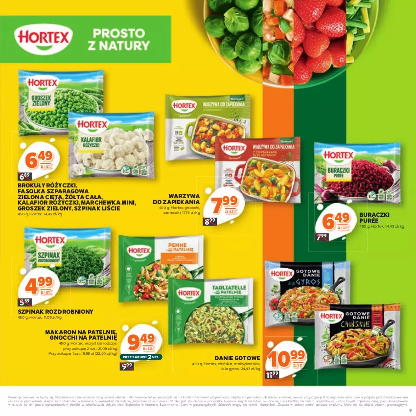 Gazetka promocyjna Stokrotka - Katalog Kulinarny - ważna 12.06 do 25.06.2025 - strona 9 - produkty: Brokuły, Buraczki, Danie gotowe, Fa, Gnocchi, Groszek, Gyros, Hortex, Kalafior, Makaron, Marchewka, Mięso, Owoce, Pur, Szpinak, Warzywa, Ziemniaki