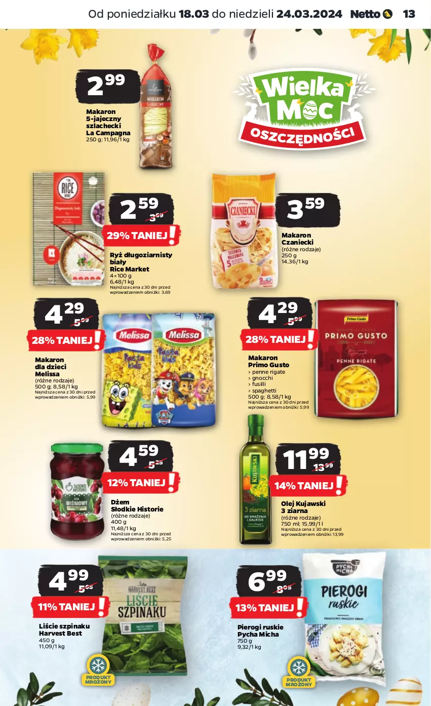 Gazetka promocyjna Netto - Artykuły spożywcze - ważna 18.03 do 24.03.2024 - strona 13 - produkty: Dżem, Dzieci, Gnocchi, Kujawski, Makaron, Olej, Penne, Pierogi, Ryż, Spaghetti, Szpinak