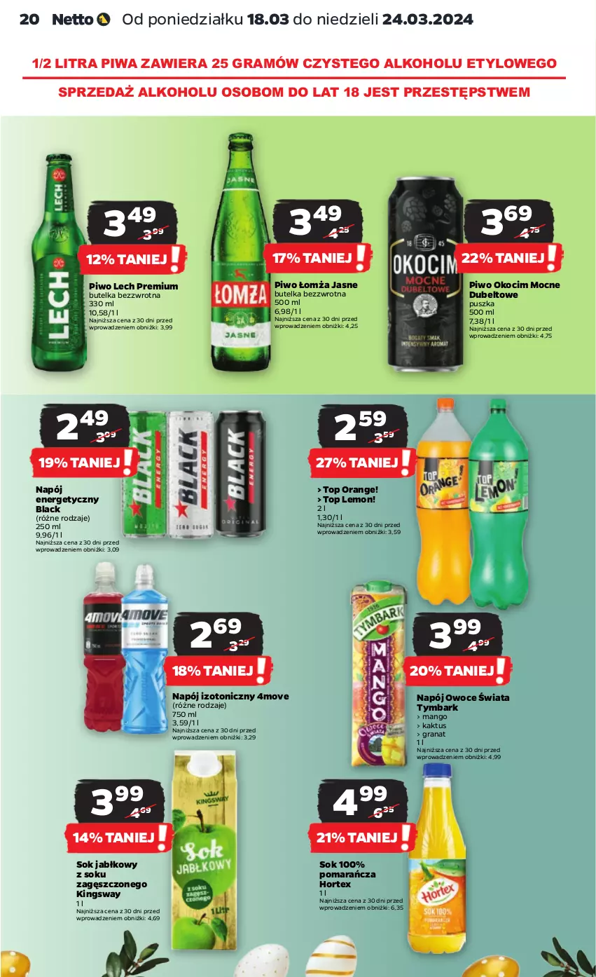 Gazetka promocyjna Netto - Artykuły spożywcze - ważna 18.03 do 24.03.2024 - strona 20 - produkty: Gra, Granat, Hortex, Kaktus, Koc, Lack, Lech Premium, Mango, Napój, Napój energetyczny, Napój izotoniczny, Okocim, Owoce, Piwa, Piwo, Sok, Sok jabłkowy, Top, Tymbark