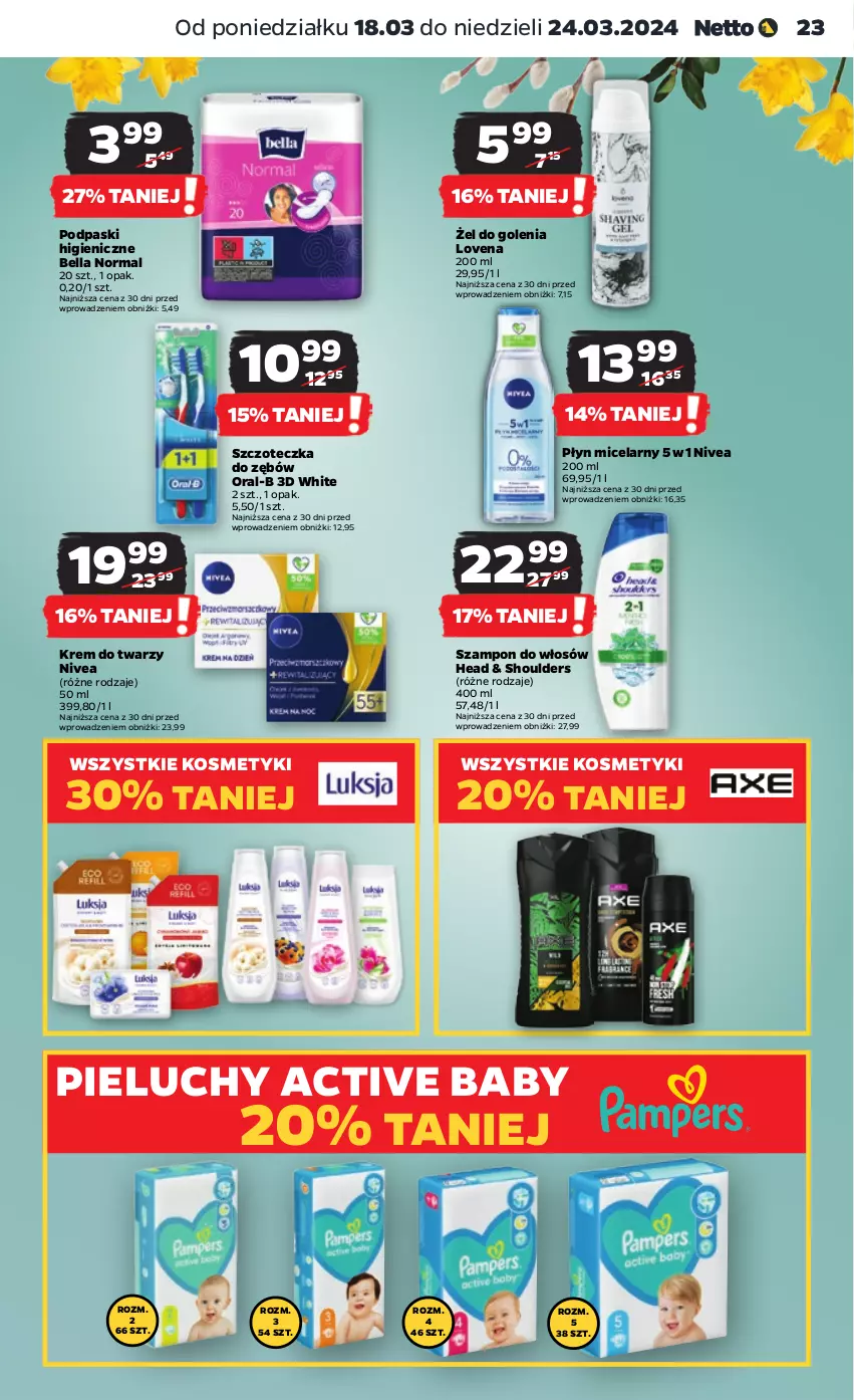 Gazetka promocyjna Netto - Artykuły spożywcze - ważna 18.03 do 24.03.2024 - strona 23 - produkty: Bell, Bella, Krem do twarzy, Nivea, Pieluchy, Płyn micelarny, Podpaski, Szampon, Szczoteczka, Szczoteczka do zębów