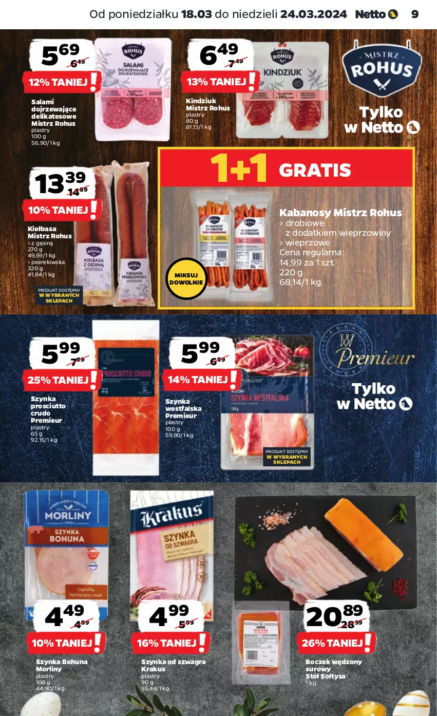 Gazetka promocyjna Netto - Artykuły spożywcze - ważna 18.03 do 24.03.2024 - strona 9 - produkty: Boczek, Fa, Gra, Kabanos, Kiełbasa, Kindziuk, Krakus, Morliny, Prosciutto, Salami, Stół, Szynka